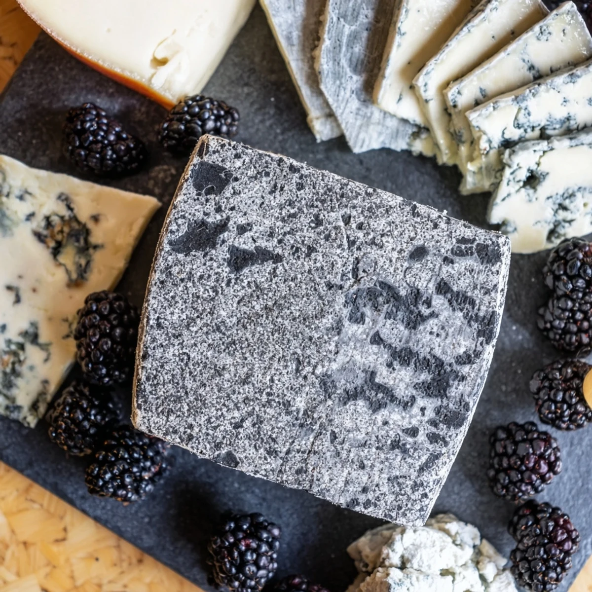 Monochrome Gray Stone Cheese Board, complete with slate crackers, black grapes, and creamy cheeses.