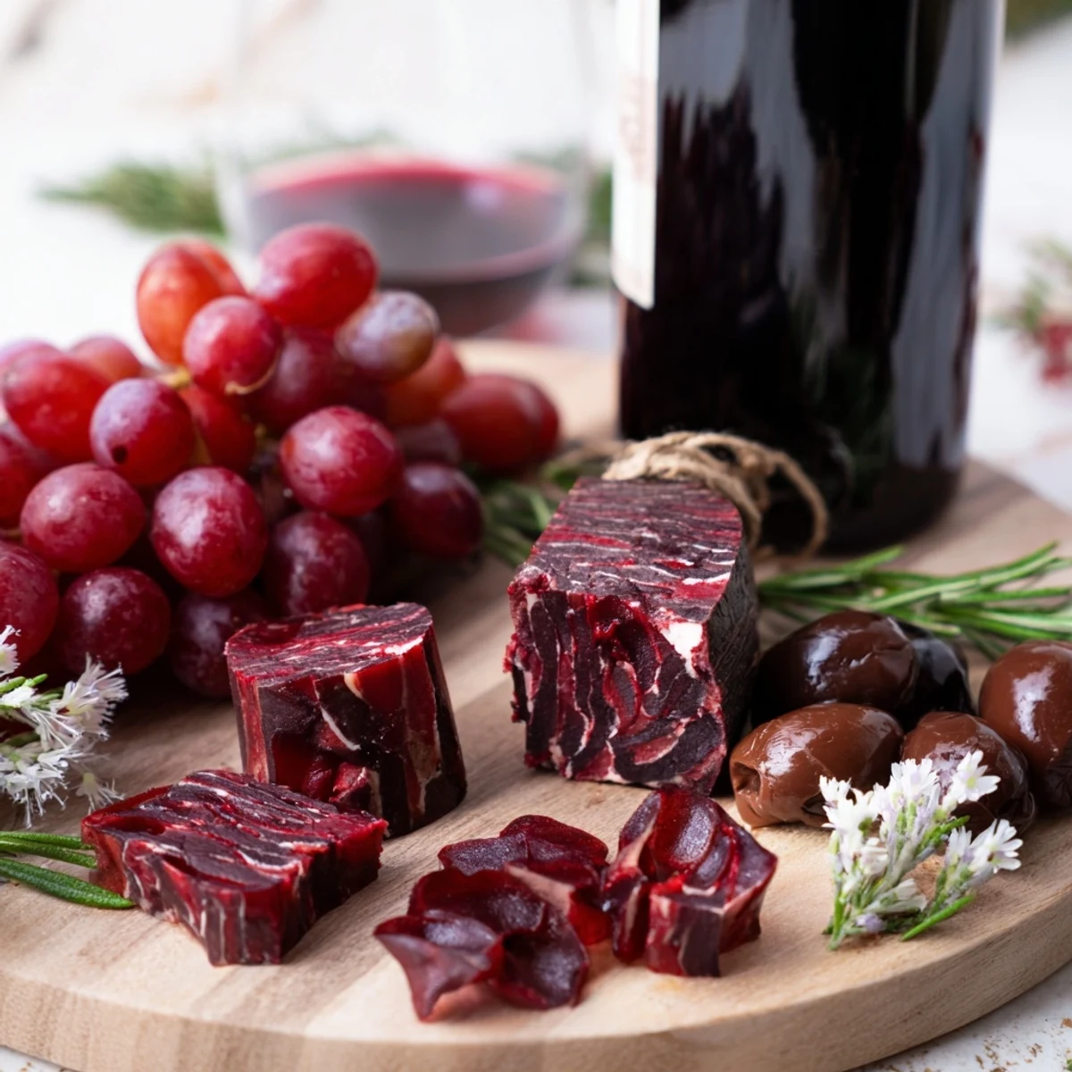 Gorgeous Ruby Red Wine Stain Board with a centerpiece wine bottle, olives, and cheese.