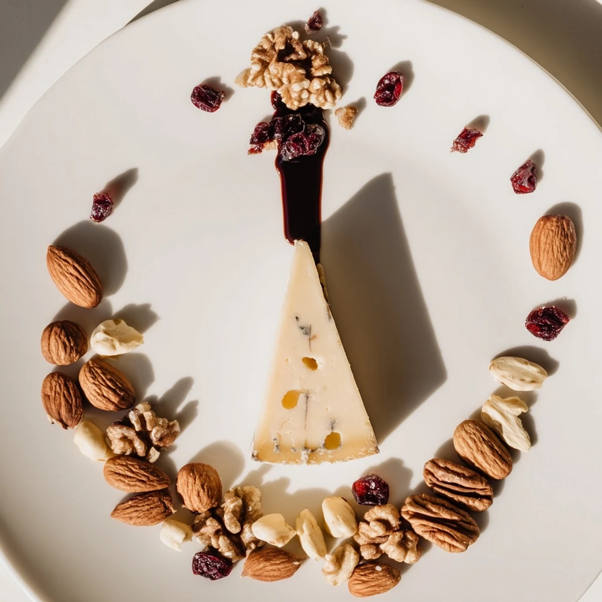 A beautifully arranged Sundial cheese platter featuring aged hard cheese and balsamic drizzle shadow.