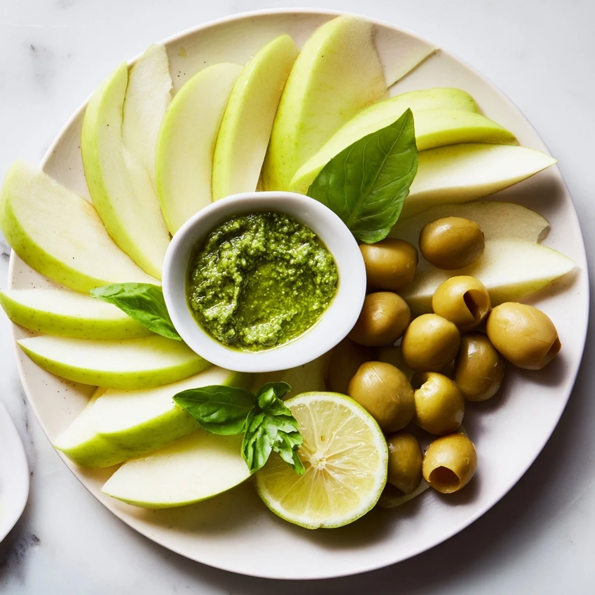 Vibrant Emerald City snack board: Green apples, pesto, limes, and olives for a gorgeous appetizer.