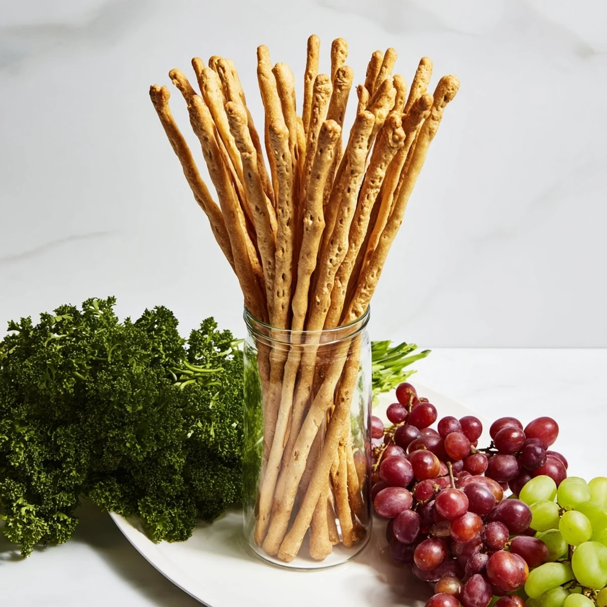 Vibrant "Vertical Forest" party platter: breadsticks rise like trees, accented by grapes, fresh and inviting.