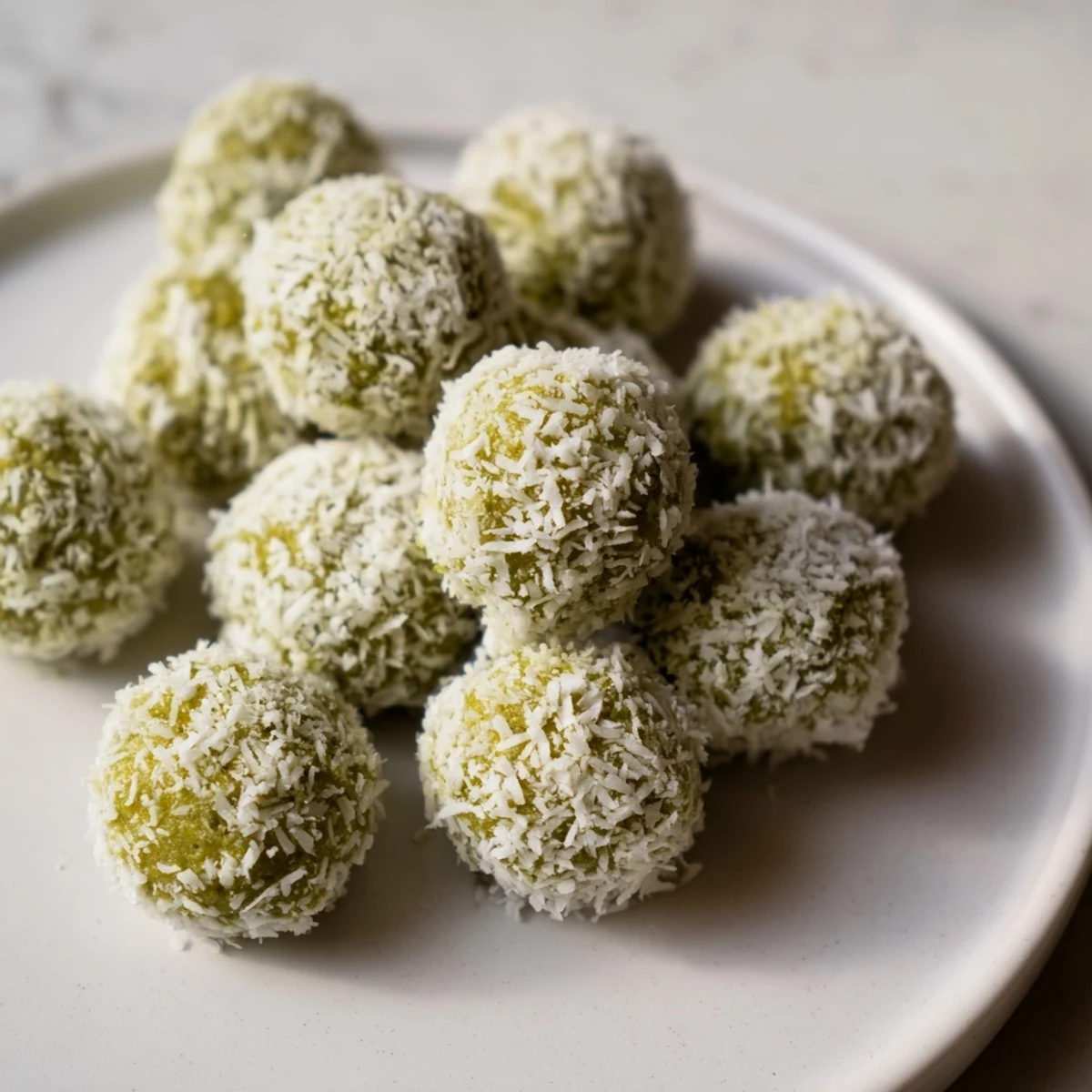 Imagine a tray of delicious Coconut Matcha Snowball Fat Bombs, showing the perfect texture and coating.