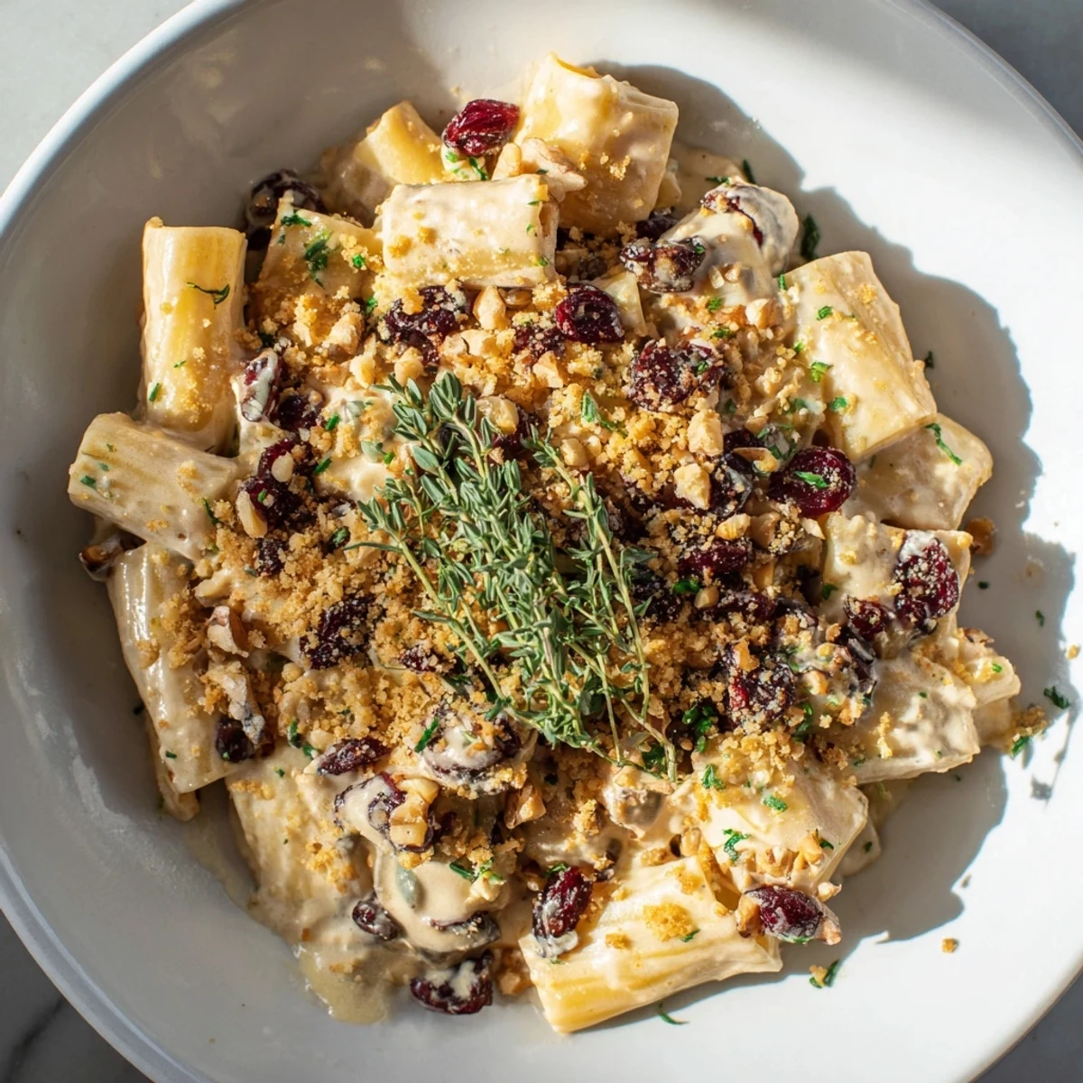 Creamy Cranberry and Brie Tartlet Pasta, topped with golden breadcrumbs for a festive meal.