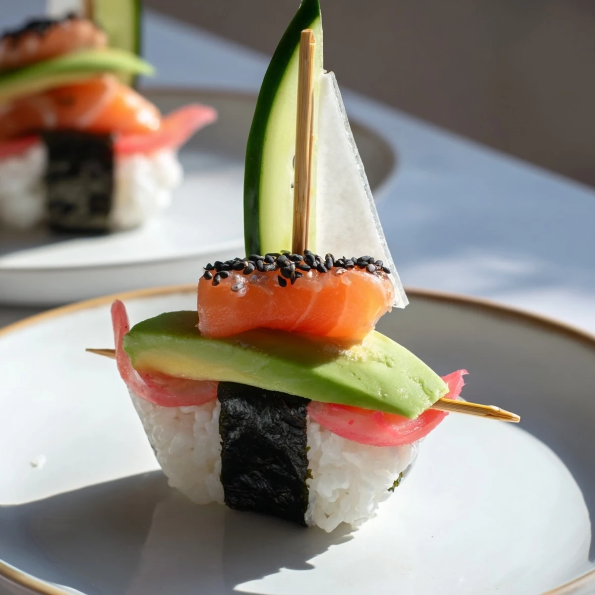 Playful Sushi Sailboats at Sea appetizer, artfully arranged on a platter, ready to be enjoyed.