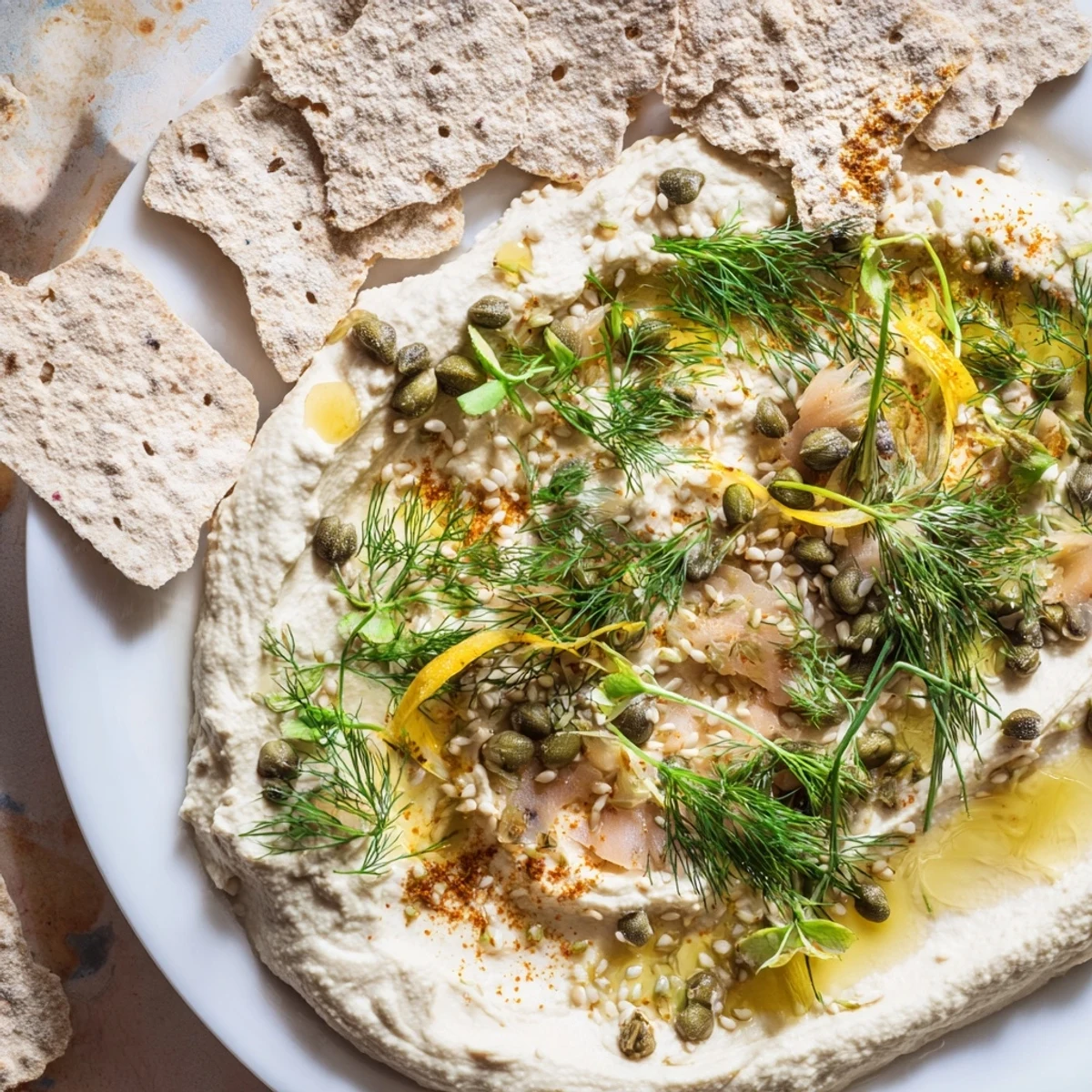 Enjoy The Driftwood Beach appetizer; imagine the salty, smoky fish flavor with creamy hummus and crispy crackers.