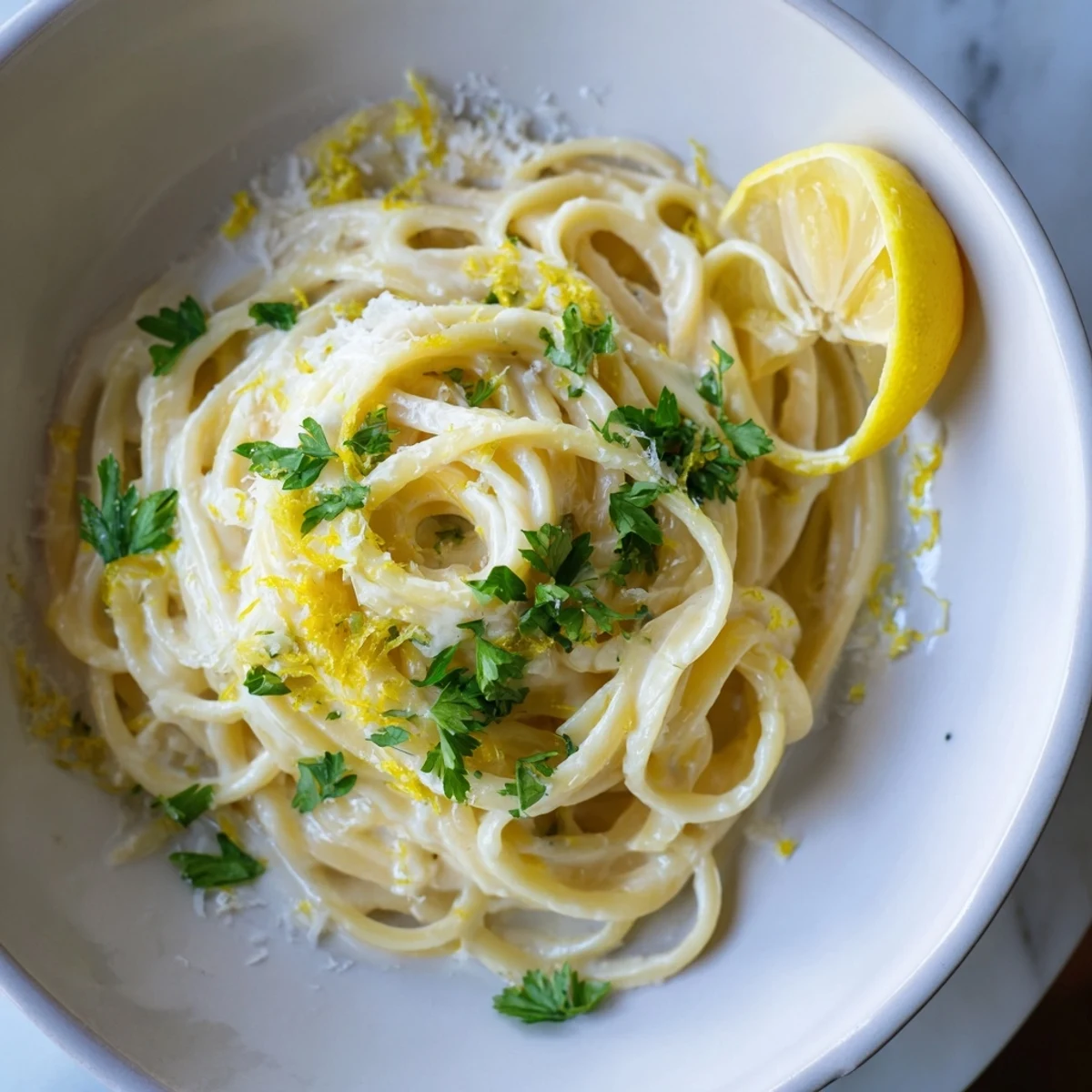 Creamy Lemon-Garlic Greek Yogurt Pasta, ready to eat, with fresh parsley garnish sprinkled on top.