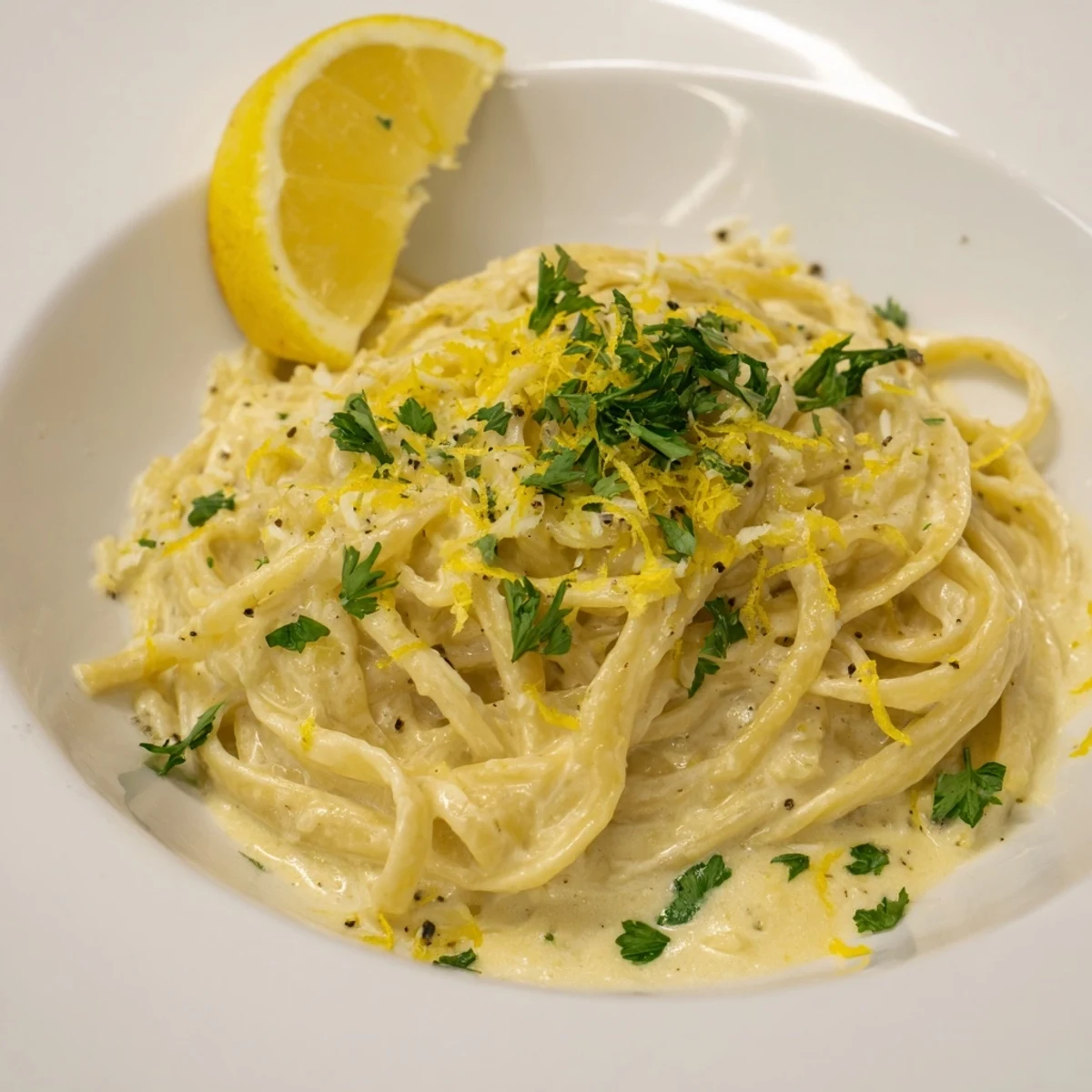A close-up view of Lemon-Garlic Greek Yogurt Pasta with bright lemon zest and Parmesan cheese.
