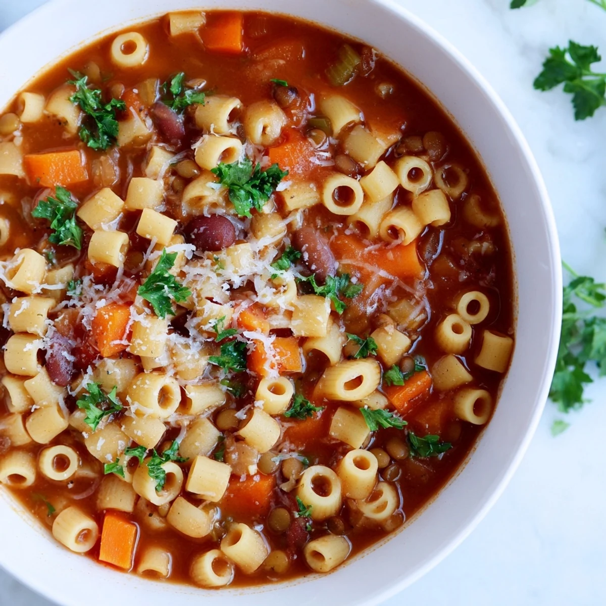 Delicious, vibrant Ditalini and Lentil Soup with a rich tomato broth, garnished with fresh parsley.