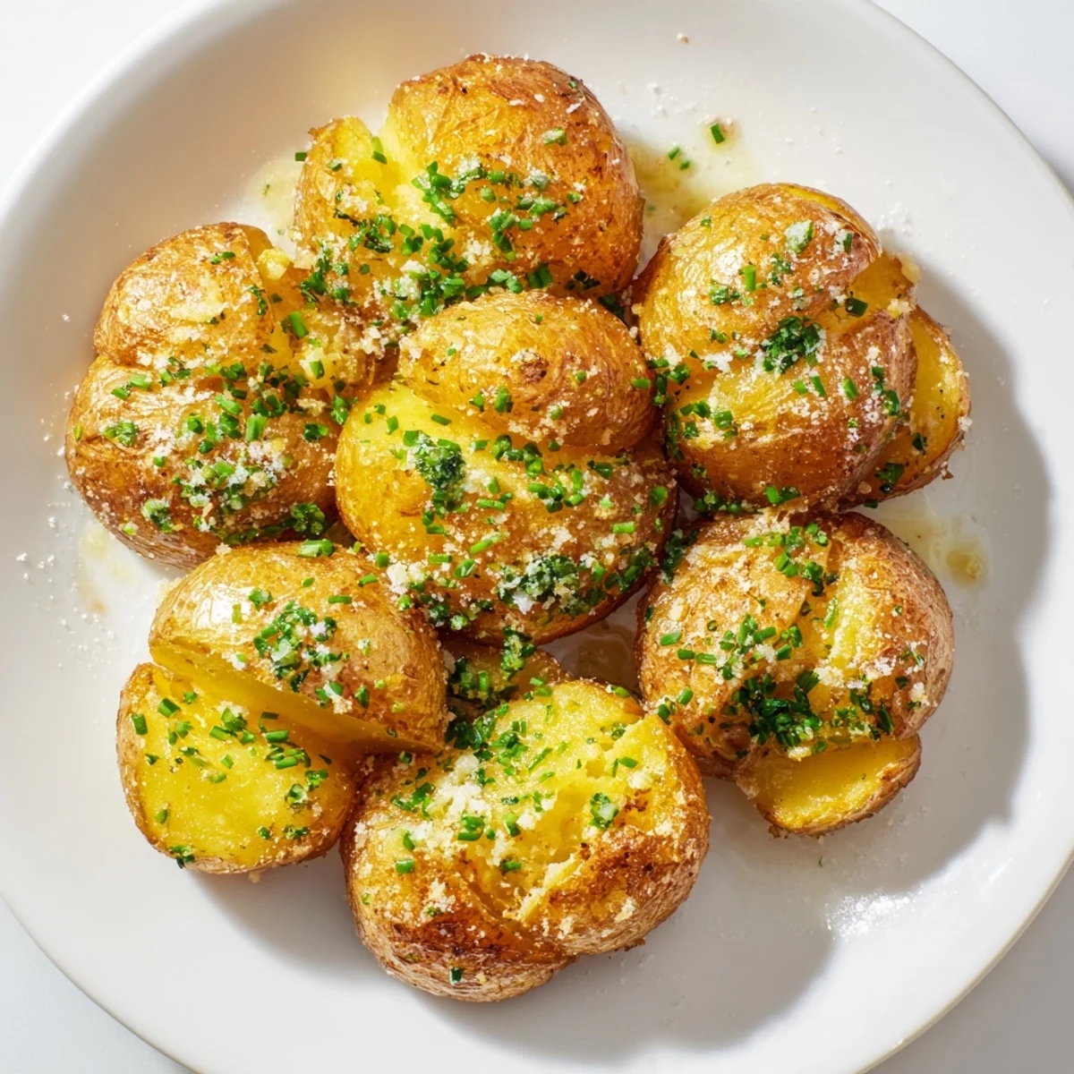 Close-up of baked Parmesan smashed potatoes: fluffy insides with garlic and melted cheese.