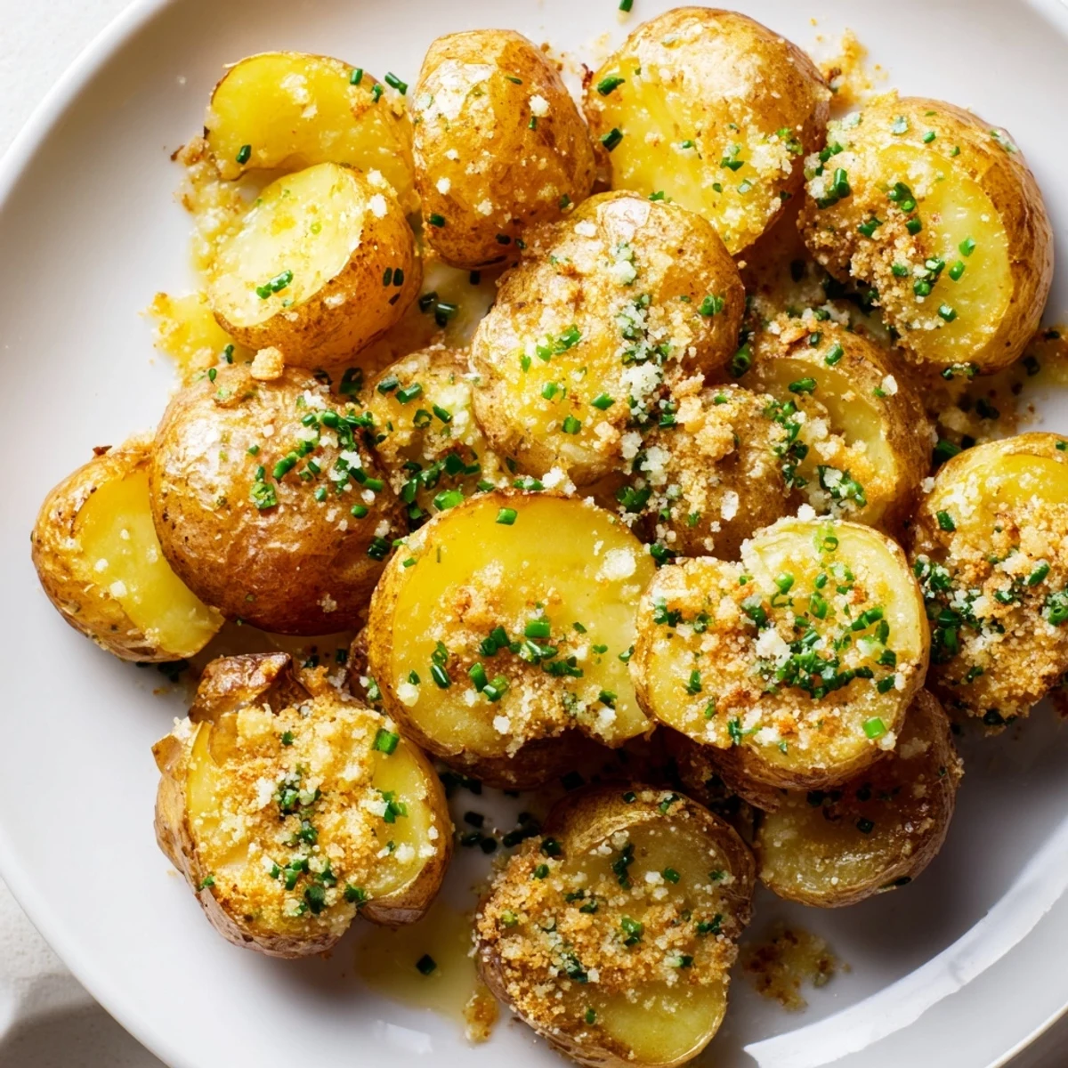 Golden brown Parmesan smashed potatoes, crispy edges, herb-topped and ready to serve as a side.
