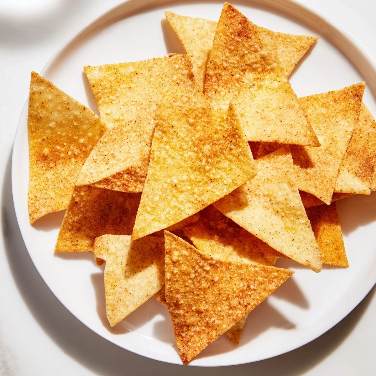 Freshly made Homemade Air-Fryer Tortilla Chips, lightly seasoned, beckoning with their irresistible golden-brown hue and delicious crispness.