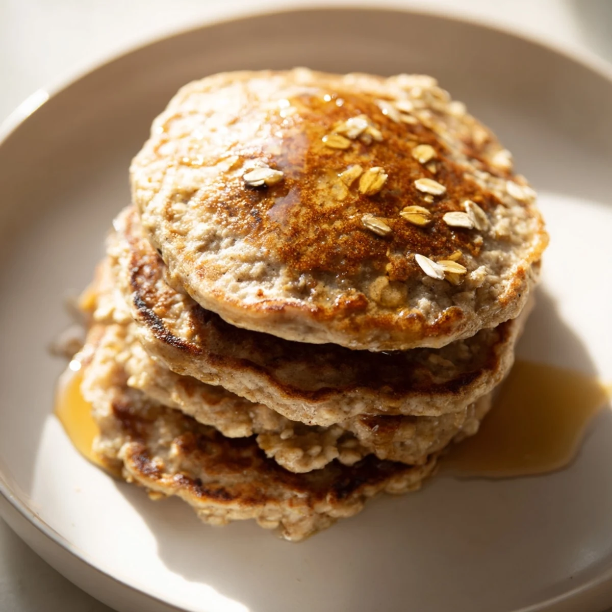 Golden brown banana oat pancakes stacked high, ready to enjoy with fresh fruit and syrup.