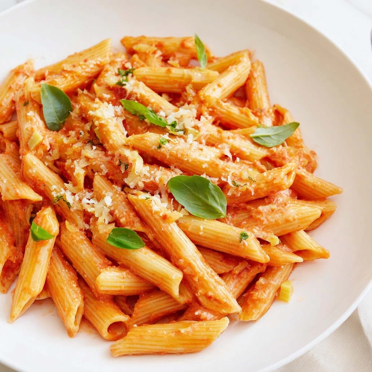 Steaming bowl of Basil Garlic One-Pot Creamy Tomato Pasta, garnished with fresh basil leaves.