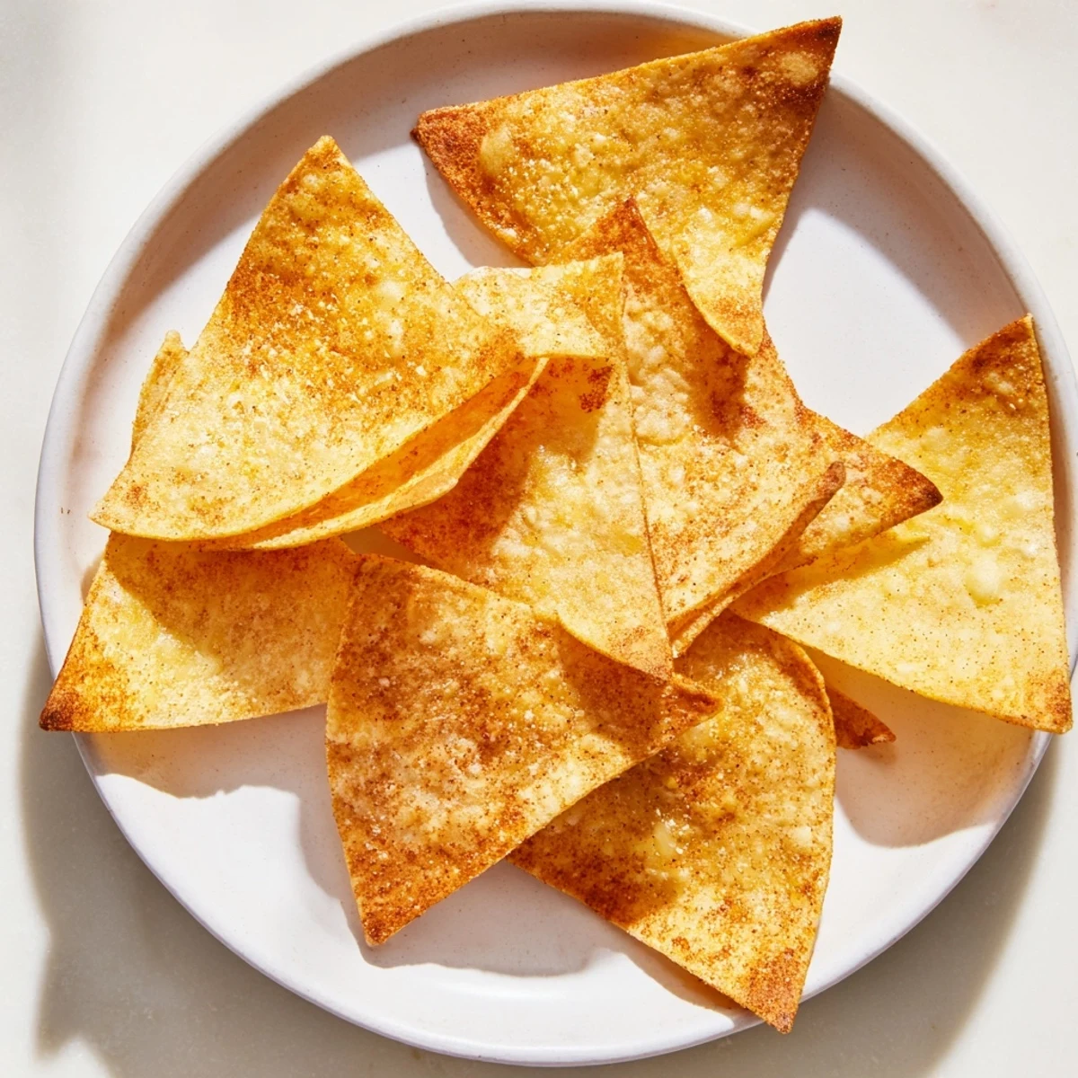 Freshly made Homemade Air-Fryer Tortilla Chips, lightly seasoned, beckoning with their irresistible golden-brown hue and delicious crispness.
