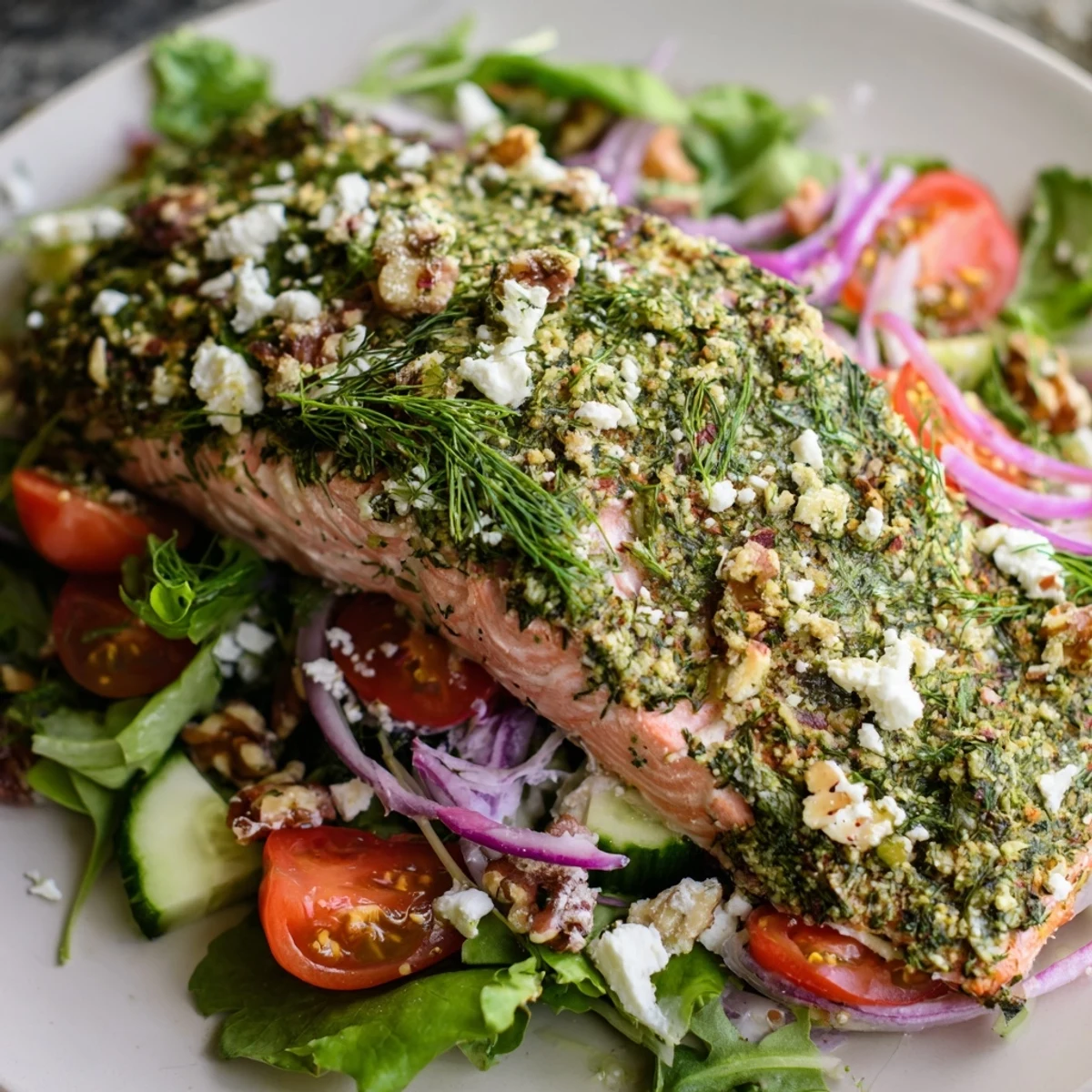 Tender, baked herb-crusted salmon salad, colorful with salad greens, tomatoes, cucumber, and red onion.