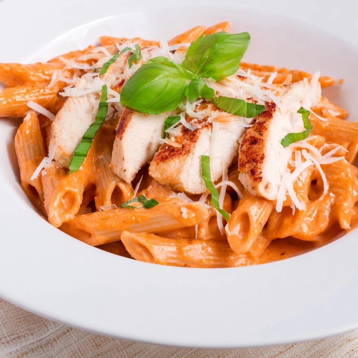 Delicious Creamy Tomato Basil Chicken Pasta, showcasing tender chicken in a rich, velvety tomato sauce.
