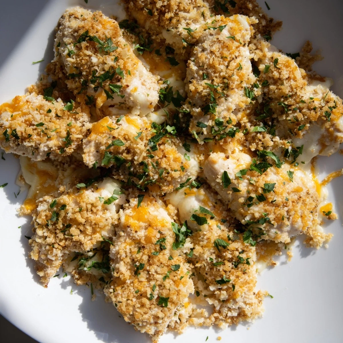 Flavorful Cheesy Baked Chicken Breast with a golden breadcrumb crust, perfect for a weeknight dinner served alongside veggies.