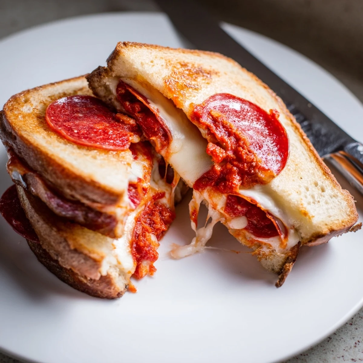 Gooey mozzarella melts over pepperoni in this irresistible pizza grilled cheese sandwich.