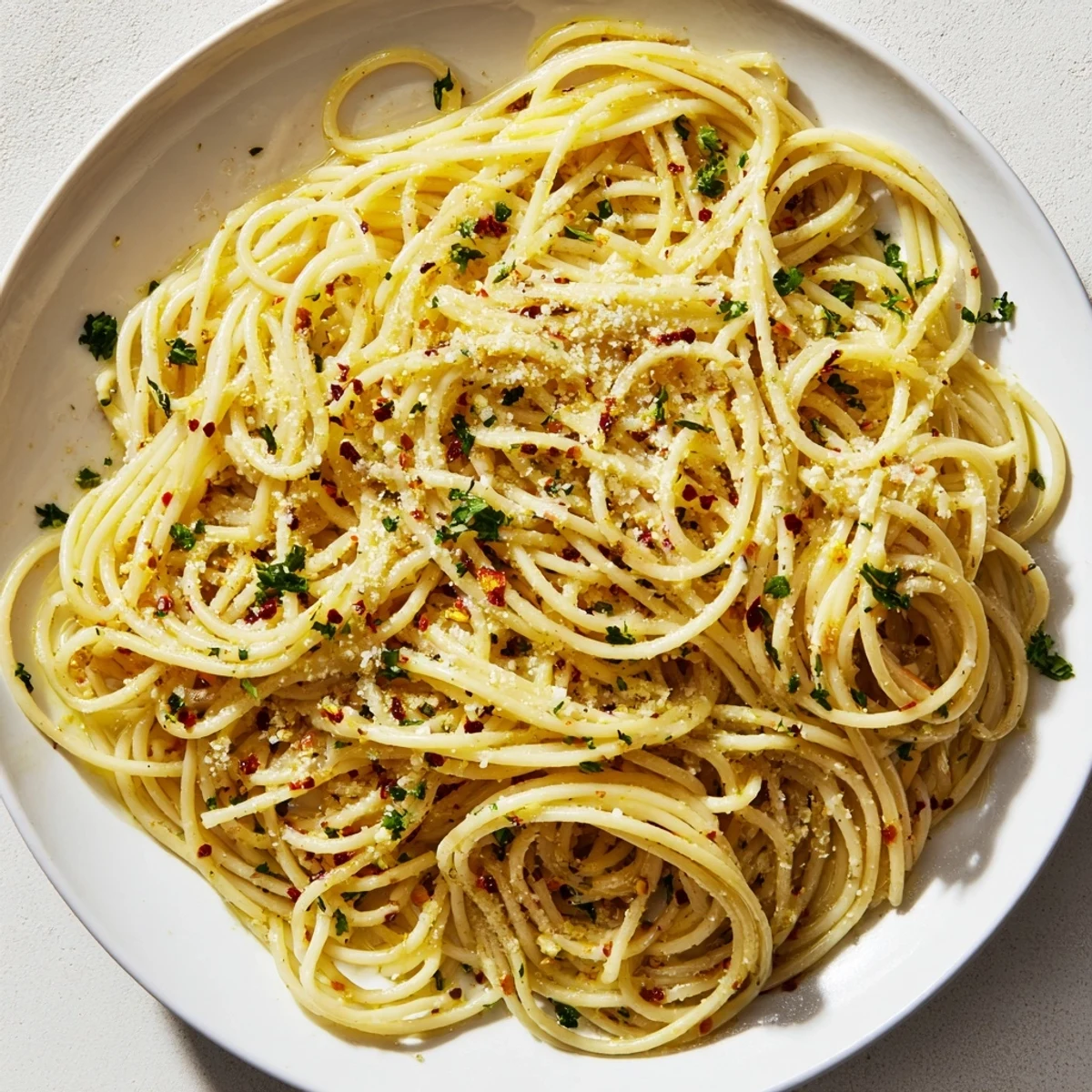 Steaming Aglio e Olio Express Pasta: Spaghetti glistening with a garlic-infused olive oil and chili flakes.