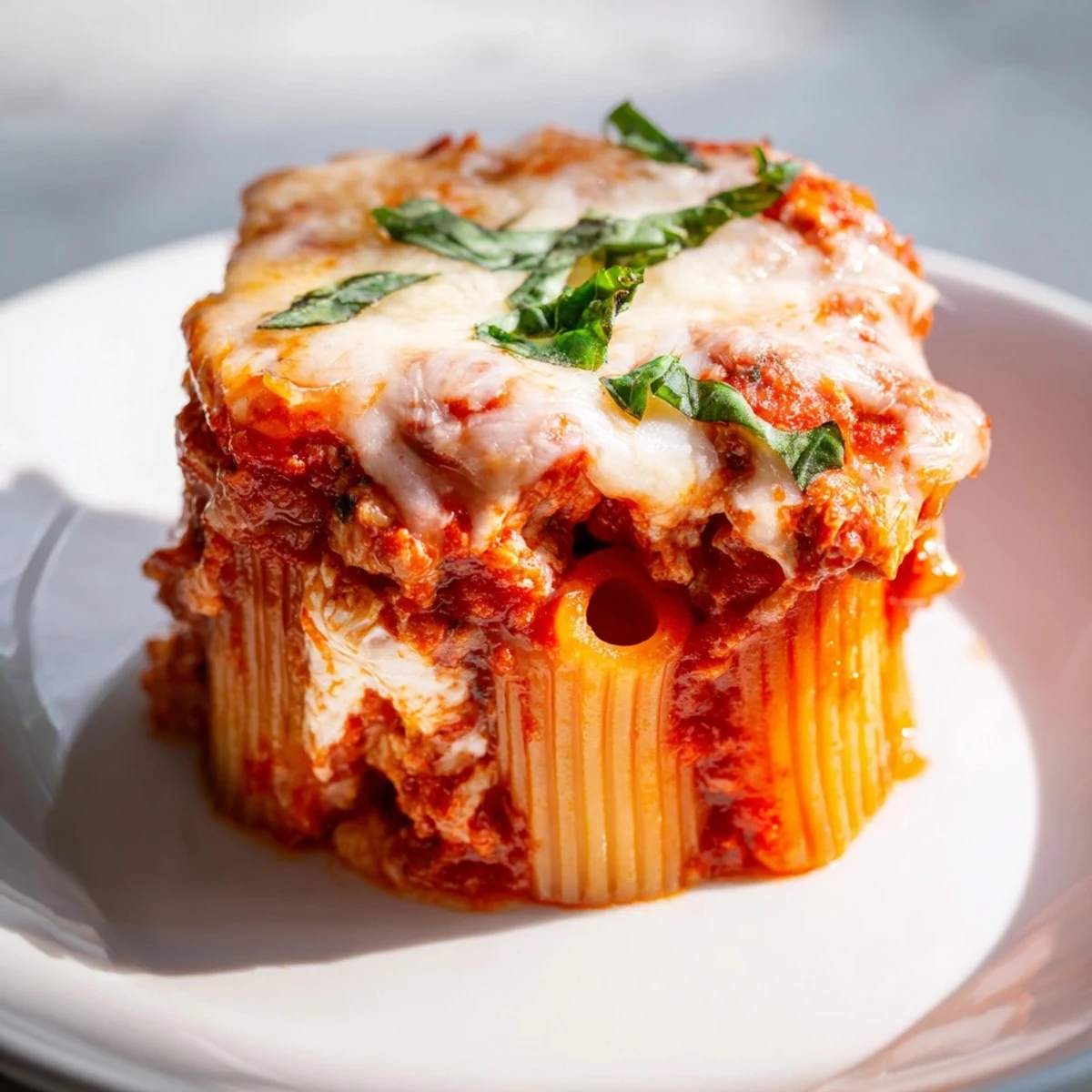 Warm, cheesy, and delicious, a close-up picture of perfectly baked Ziti Cups served ready to eat.