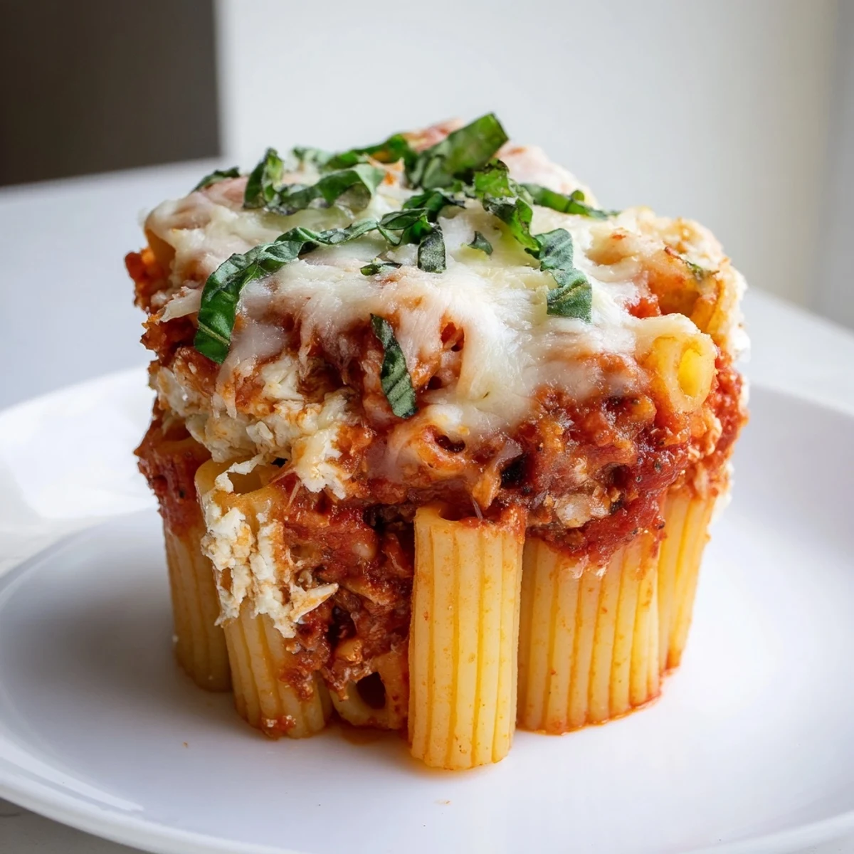 Golden-brown Baked Ziti Cups, individual servings with bubbly mozzarella and a rich tomato sauce inside.
