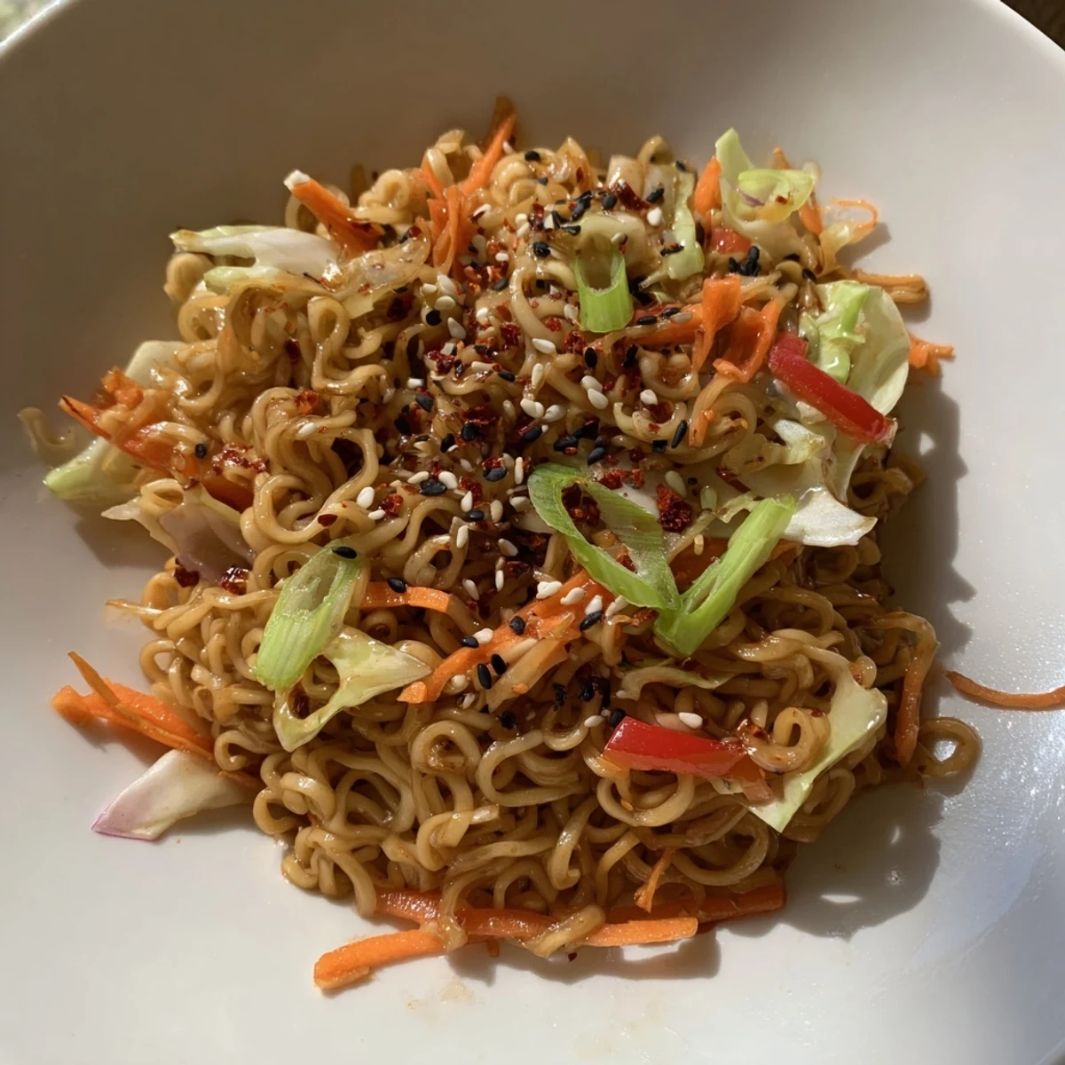 Savory Spicy Ramen Stir Fry with vibrant colorful vegetables, ready to enjoy.
