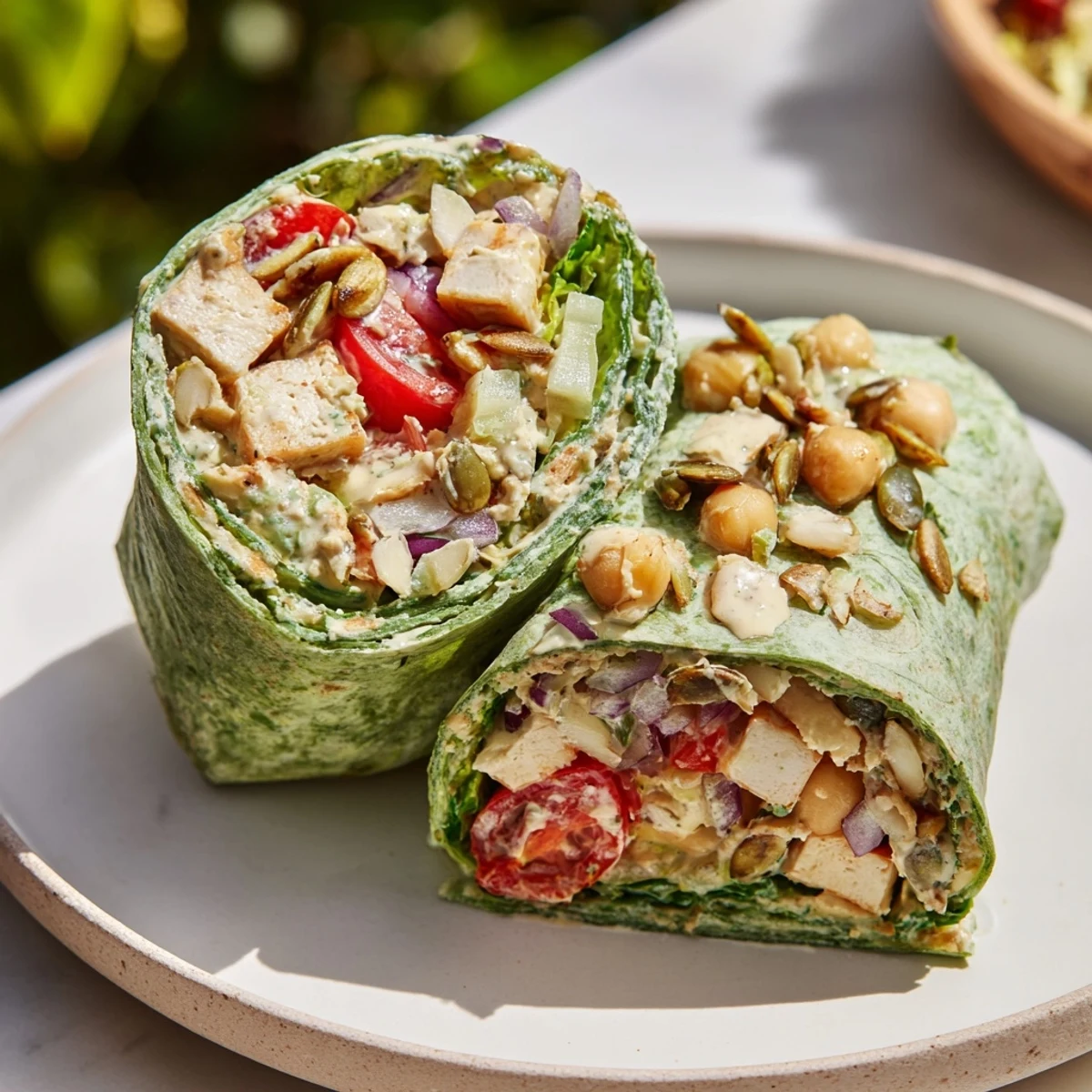 High-Protein Chicken-less Caesar Wrap, loaded with romaine, bursting with creamy, plant-based Caesar dressing.