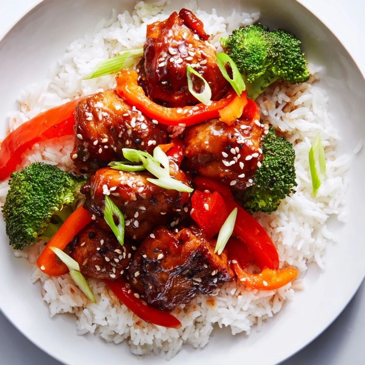 Golden, glistening teriyaki chicken rests atop fluffy rice with colorful steamed vegetables.