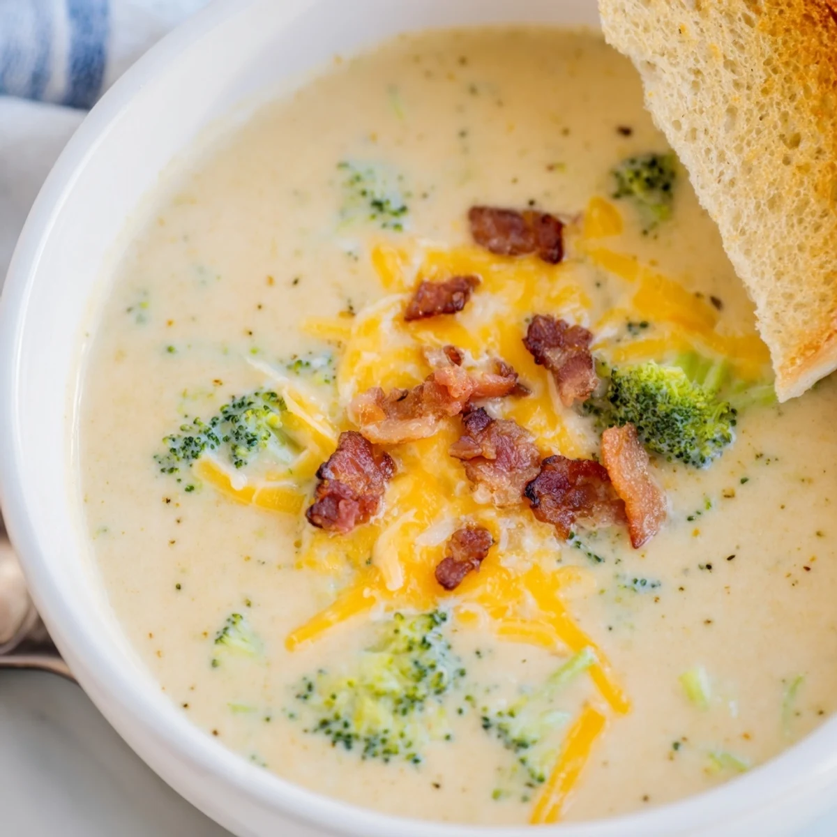 Creamy broccoli cheddar soup, garnished with crispy bacon and cheese, served with toasted bread.
