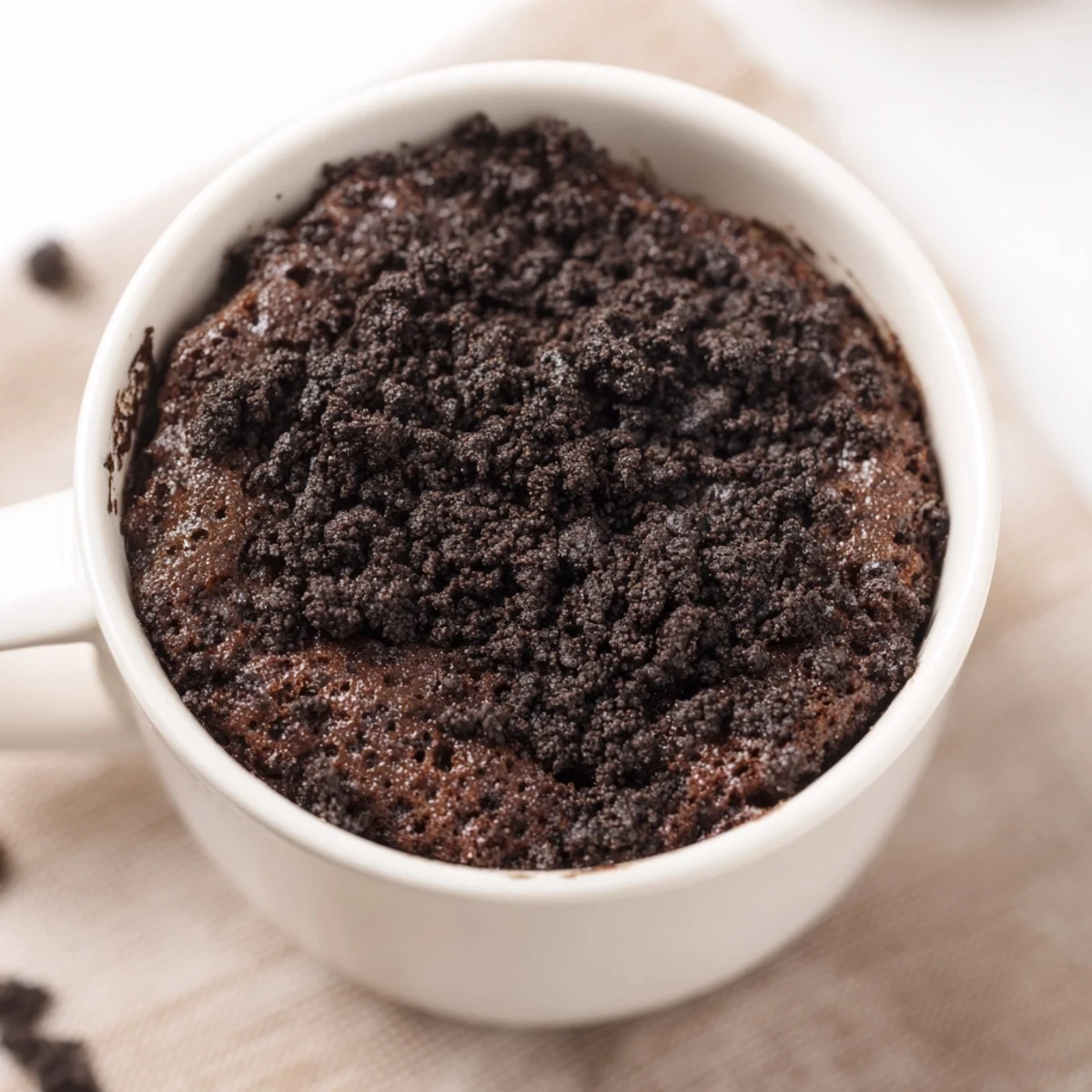 Steaming Oreo Mug Cake, a personal dessert, looks moist and chocolatey in a white mug.