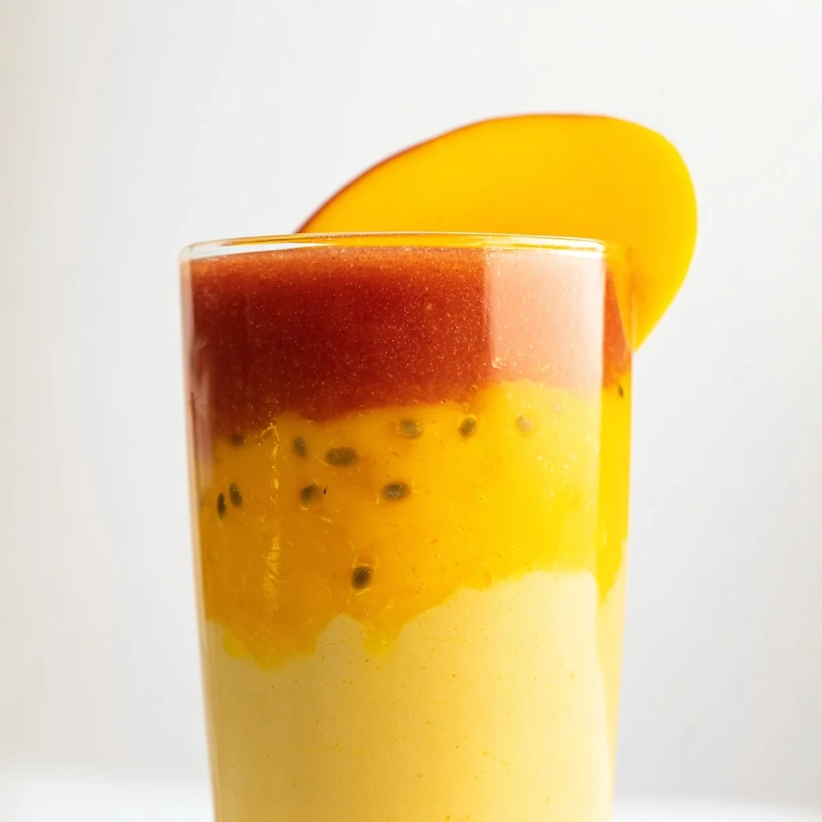 Homemade Tropical Sunset Smoothie, showcasing bright layers; a healthy, fruity and sweet treat.