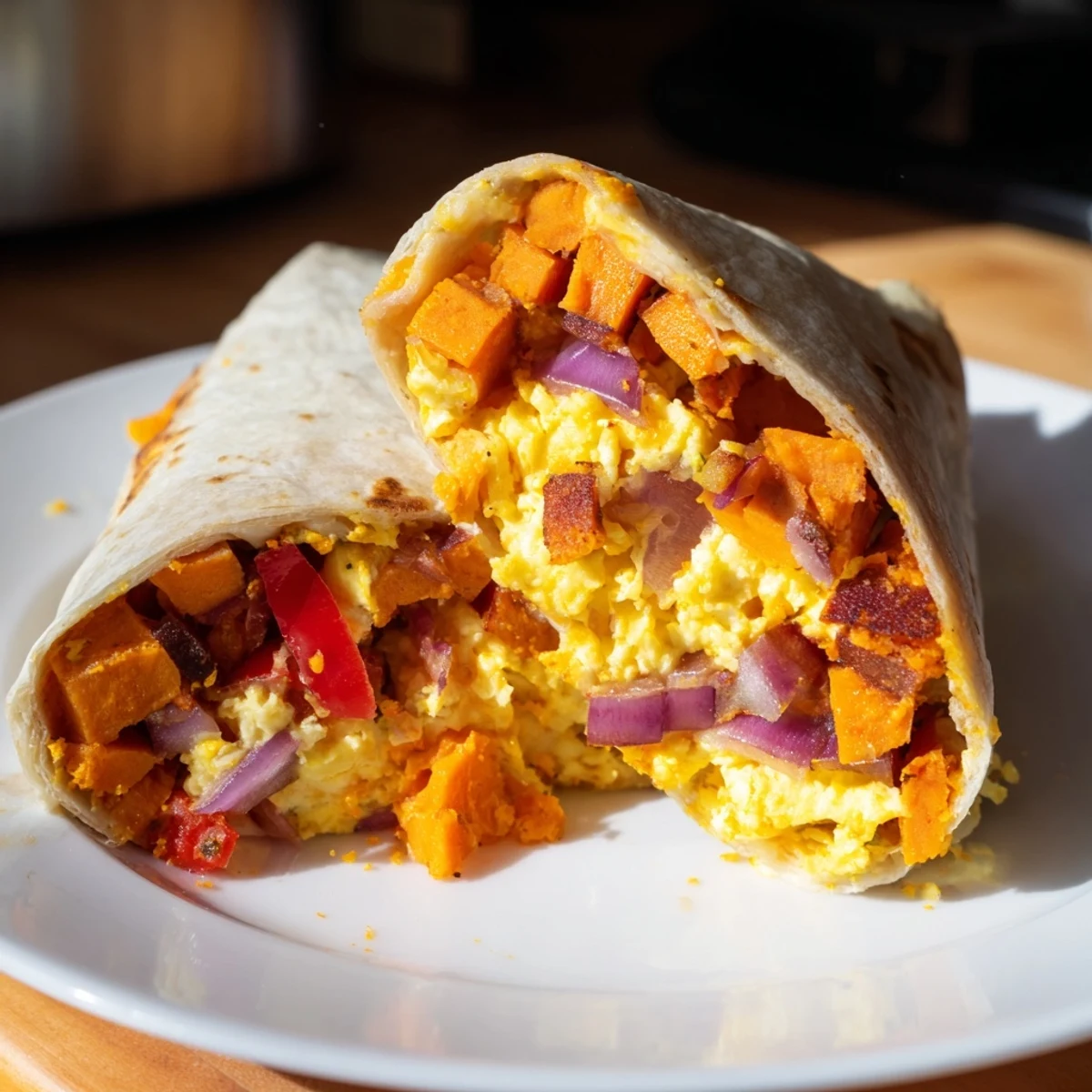 Warm, cheesy Sweet Potato Breakfast Burritos overflowing with roasted vegetables and fluffy scrambled eggs.