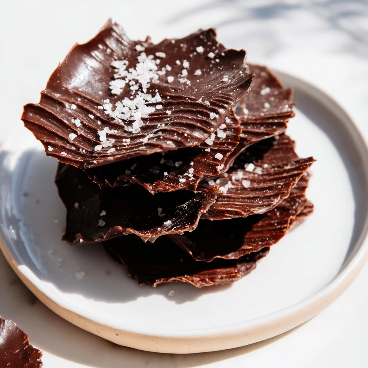 Sea salt sprinkled over freshly made chocolate potato chip bark, a sweet and salty American dessert.