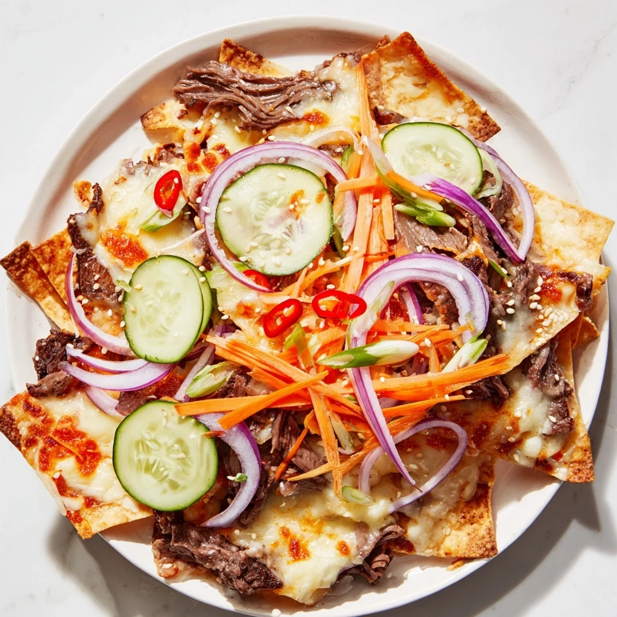 A sizzling platter of Korean BBQ nachos overflowing with melted cheese and savory marinated beef.