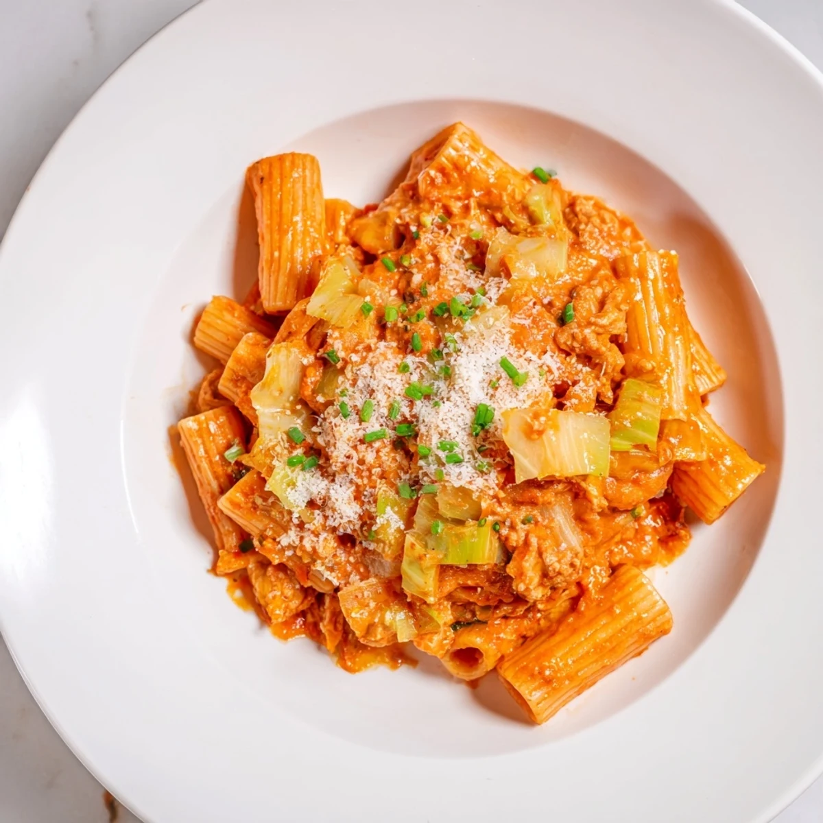 Vibrant photo of Chaos Cooking Kimchi Ragu Pasta, showcasing creamy sauce and perfectly cooked rigatoni.