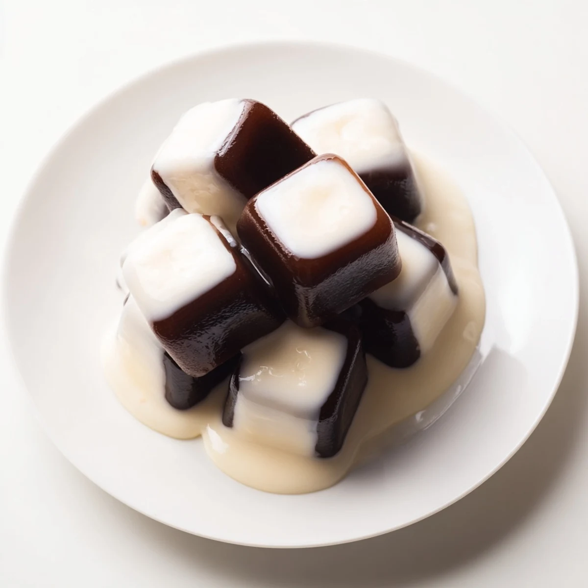 Enjoy this Japanese-inspired coffee jelly dessert, a beautiful presentation with a creamy topping.