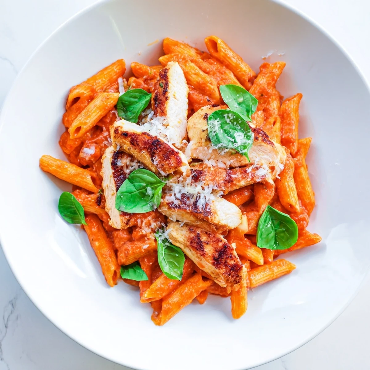 Sizzling strips of seared chicken nestle over penne in a vibrant, zesty chili-infused tomato sauce for a hearty meal.
