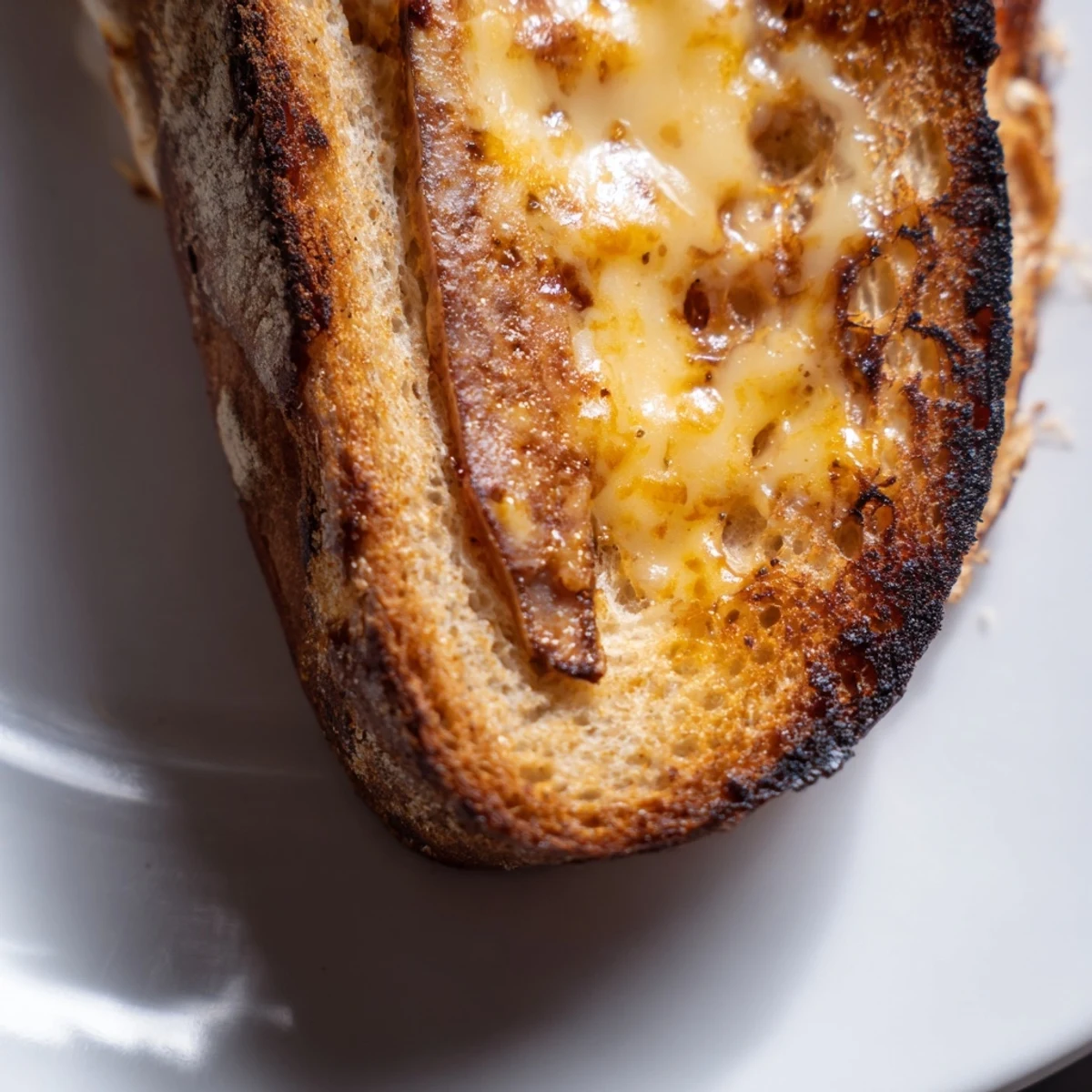 Golden-brown grilled sandwich with smoky tempeh bacon, fresh lettuce, juicy tomato, and melted vegan cheese on sourdough bread.