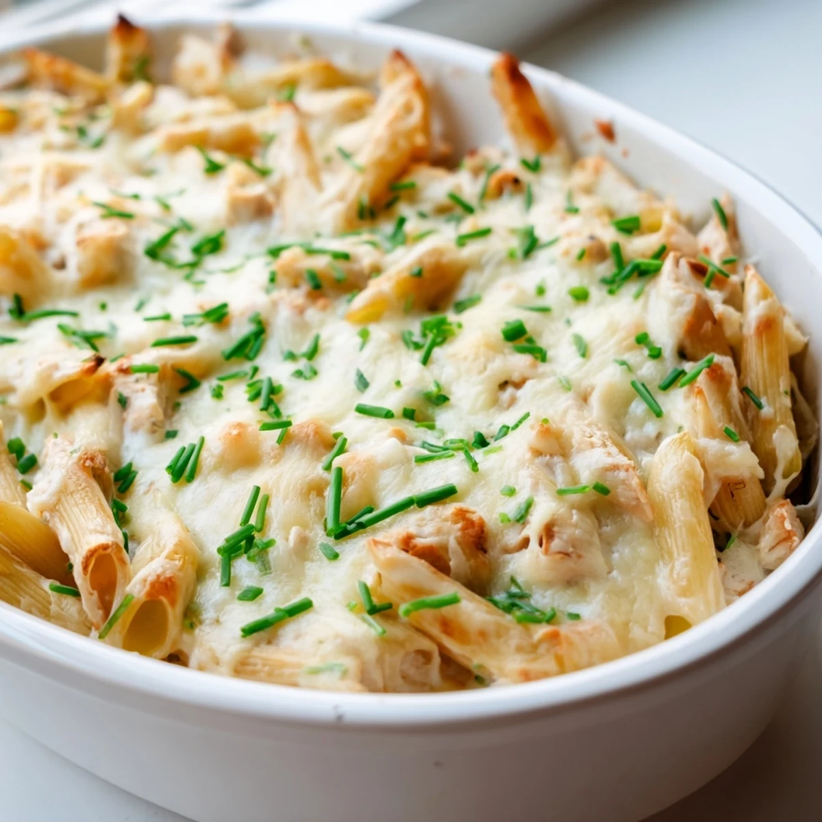 Golden bubbly mozzarella tops a creamy Chicken Ranch Pasta Bake served in a white baking dish with fresh chives.