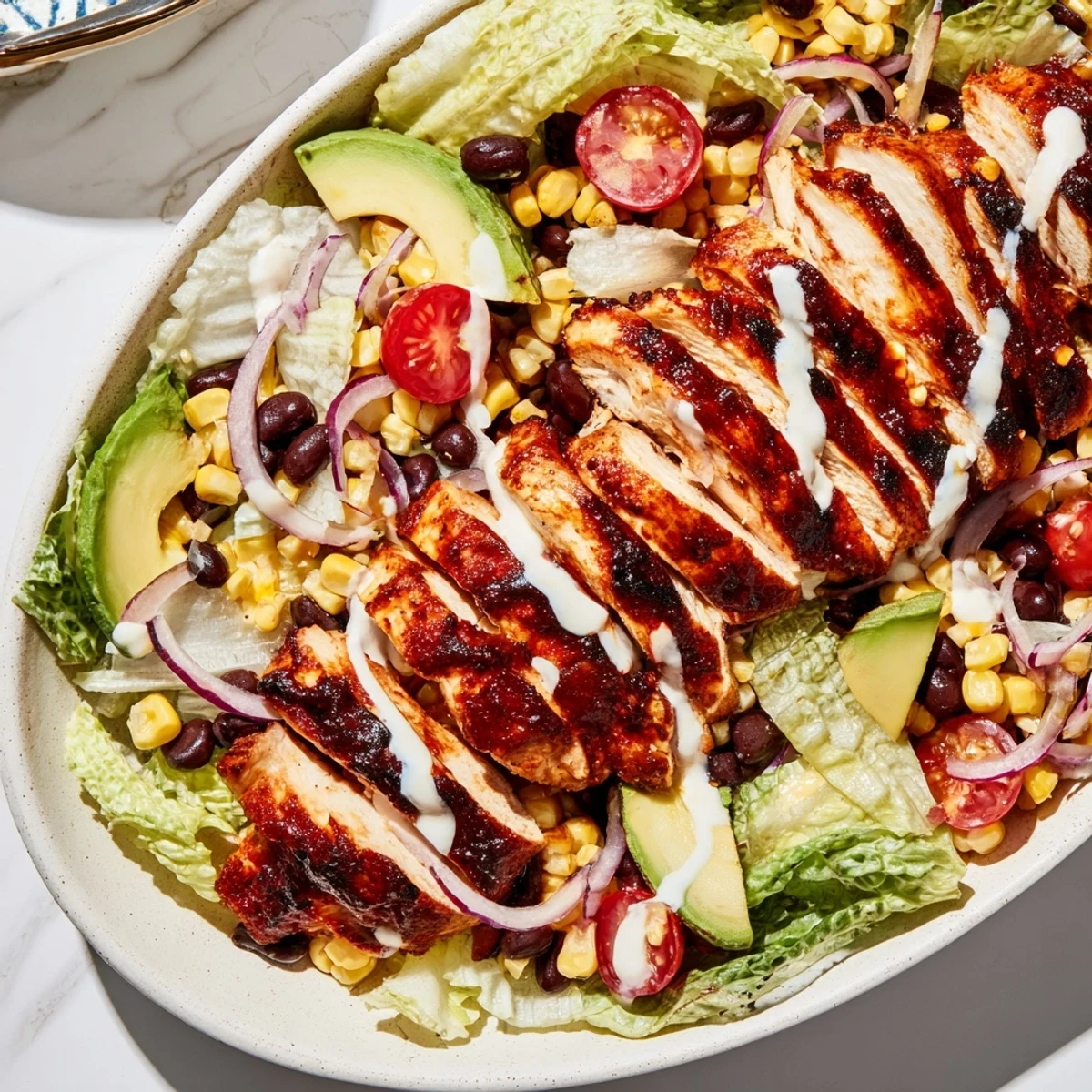 Freshly grilled BBQ chicken slices rest on crisp romaine lettuce, topped with charred corn kernels and black beans, all drizzled with creamy ranch dressing.
