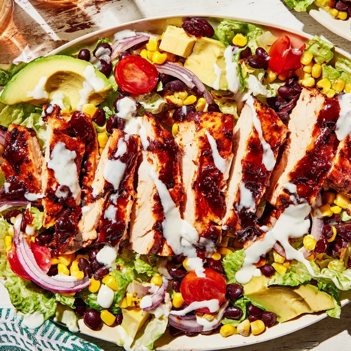A hearty BBQ Chicken Salad features smoky grilled chicken, juicy cherry tomatoes, and ripe avocado slices, tossed with shredded cheese and a zesty lime ranch drizzle.
