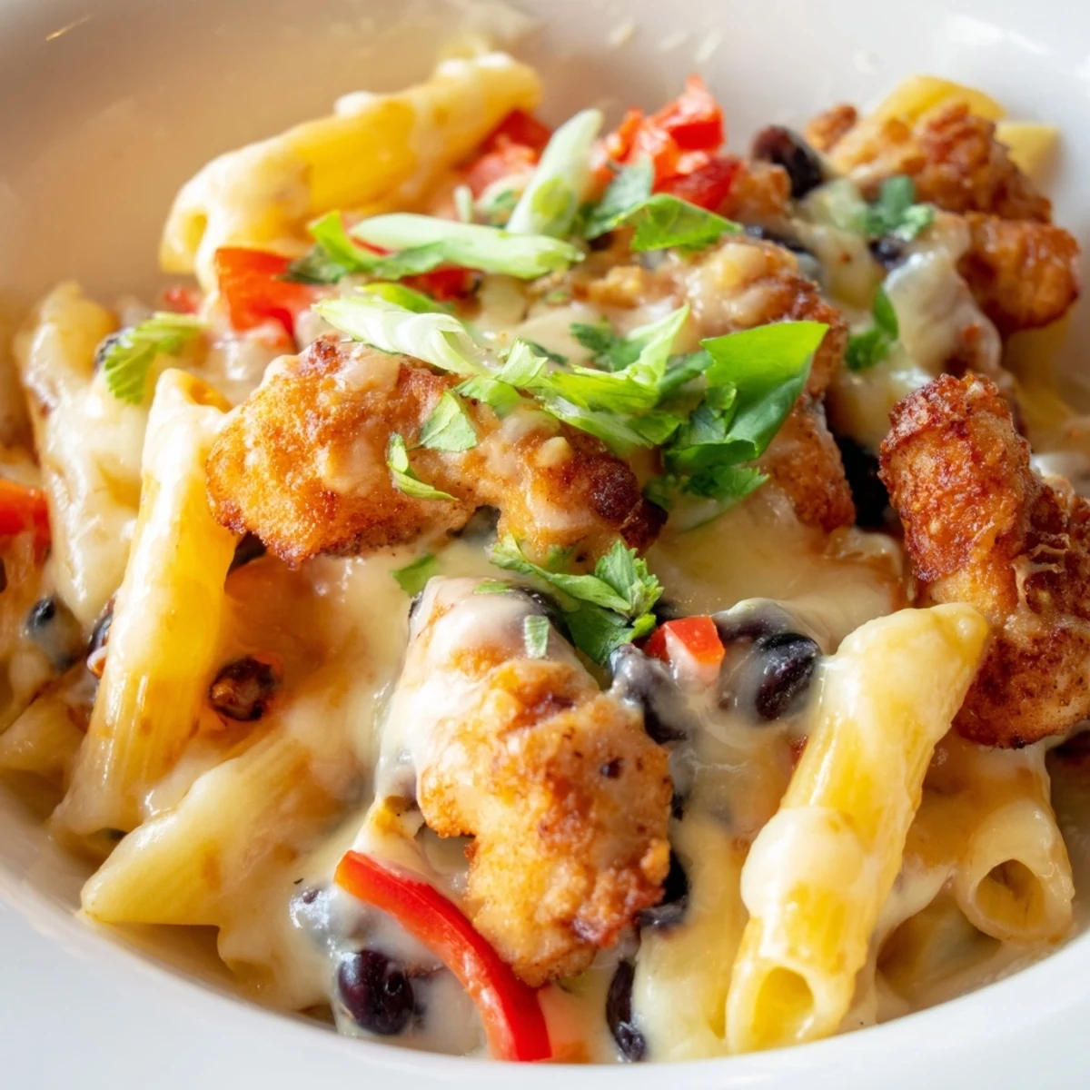 Crispy Chicken Burrito Pasta in a skillet, topped with melted cheddar, Monterey Jack, sour cream, and fresh cilantro.  