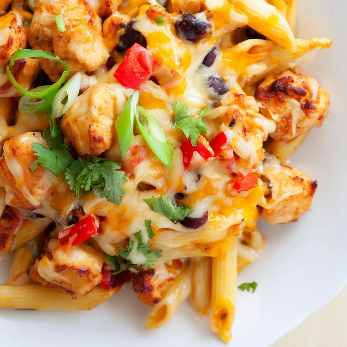 One-pan Crispy Chicken Burrito Pasta served with lime wedges and spring onions, ideal for a quick weeknight dinner.