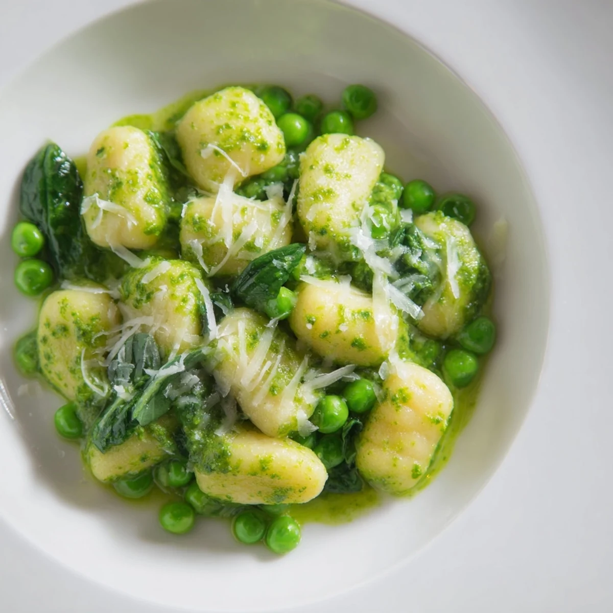 A close-up of golden pan-fried gnocchi with vibrant green peas and fresh basil in a cast-iron skillet, drizzled with pesto.  