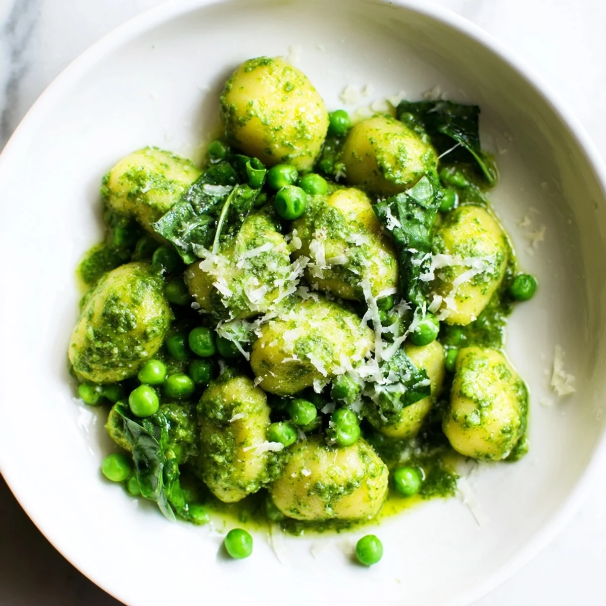 Overhead shot of the Pesto Pea Gnocchi Skillet, showcasing crispy gnocchi and wilted spinach in a colorful, aromatic bowl.  