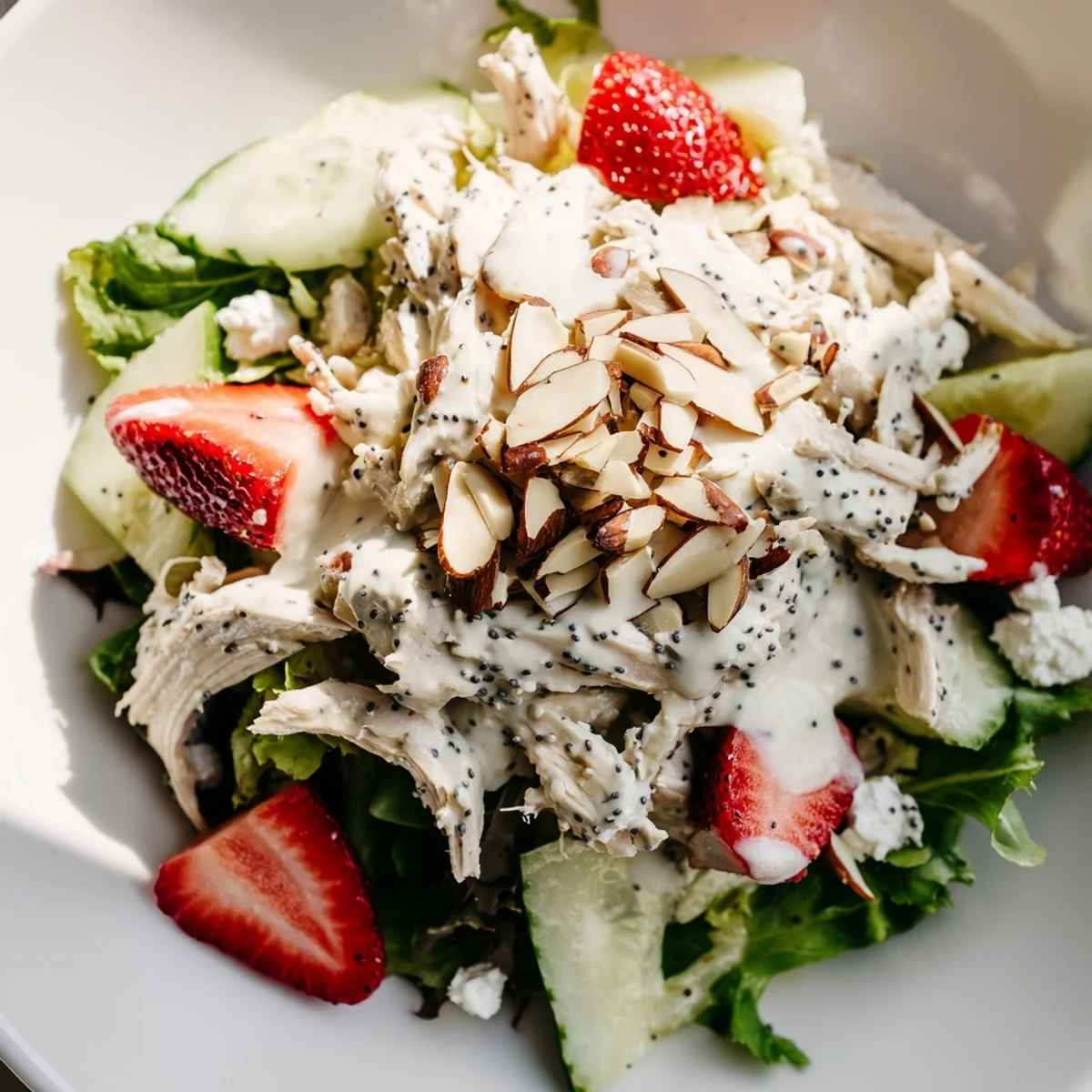 This colorful Strawberry Poppy Seed Chicken Salad features a creamy, tangy poppy seed dressing drizzled over mixed greens and topped with crunchy toasted almonds and optional feta.  