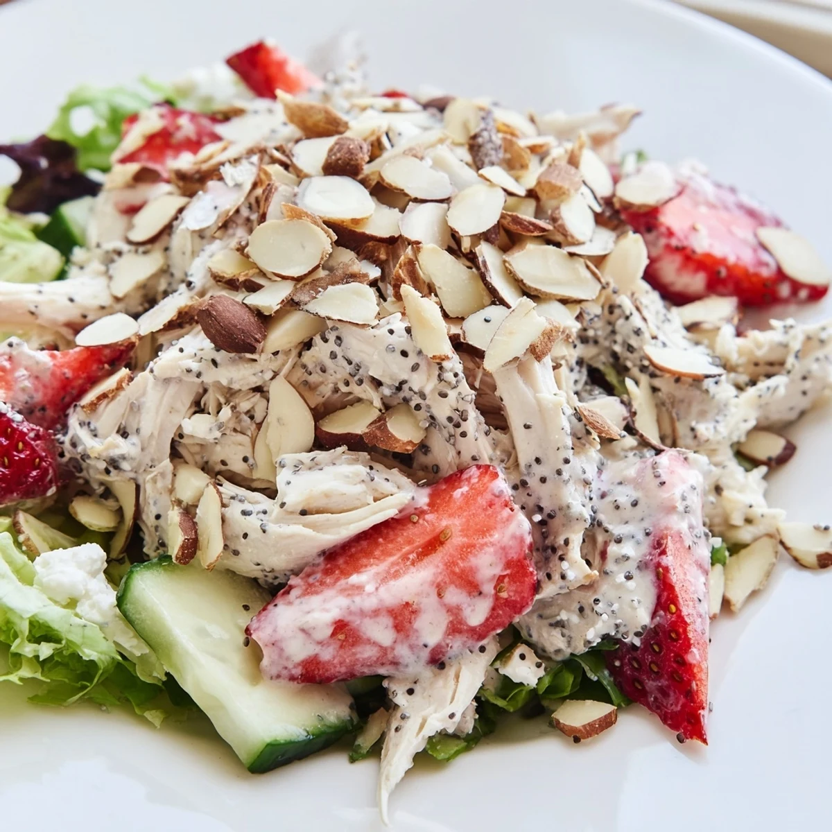 Freshly poached and shredded chicken breast is tossed with sweet sliced strawberries, crisp cucumber ribbons, and vibrant salad greens in this Strawberry Poppy Seed Chicken Salad.  