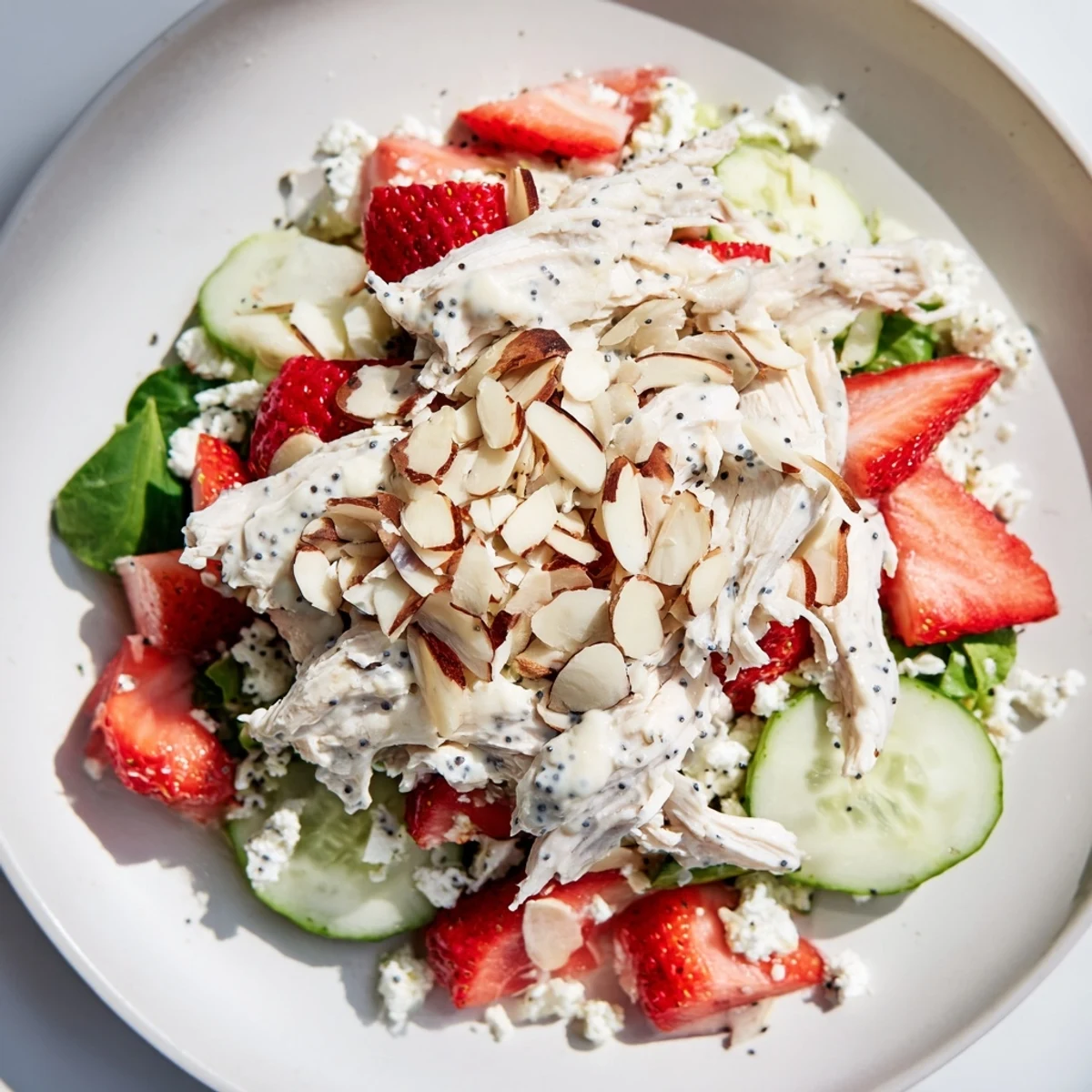 A plated Strawberry Poppy Seed Chicken Salad shows juicy strawberries, shaved red onion, and cool cucumber nestled beside tender chicken and a sprinkle of poppy seeds.