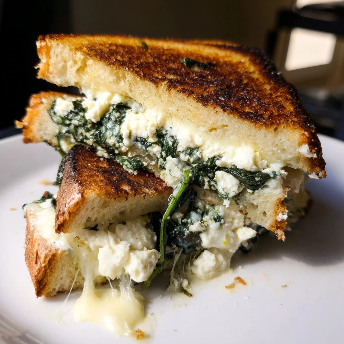Golden-brown Feta & Spinach Stuffed Grilled Cheese slices on a wooden board, revealing a melty, vibrant green spinach and feta filling.  