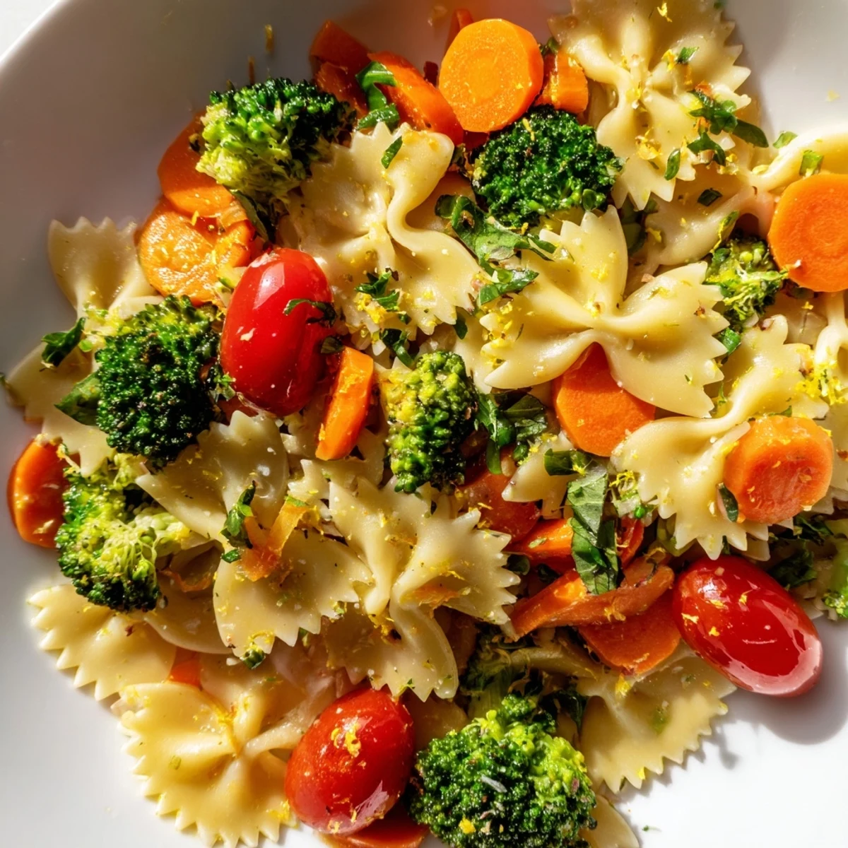 Rainbow Veggie Pasta Primavera showcases vibrant spring vegetables and bow-tie pasta in a light, shimmering garlic olive oil sauce, garnished with fresh herbs.  